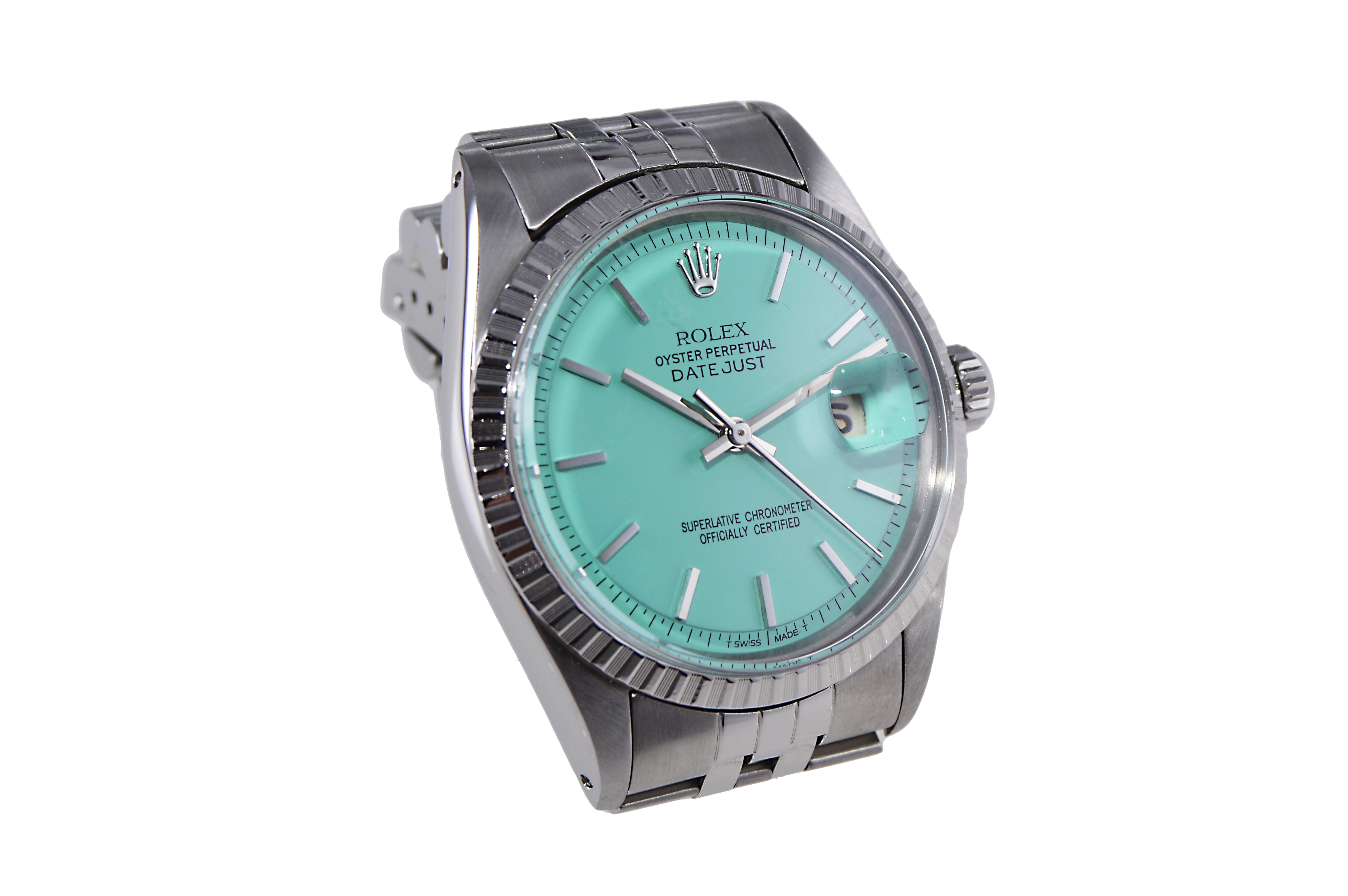 Modern Rolex Stainless Steel Datejust with Custom Made Tiffany Blue Dial circa 1970's For Sale