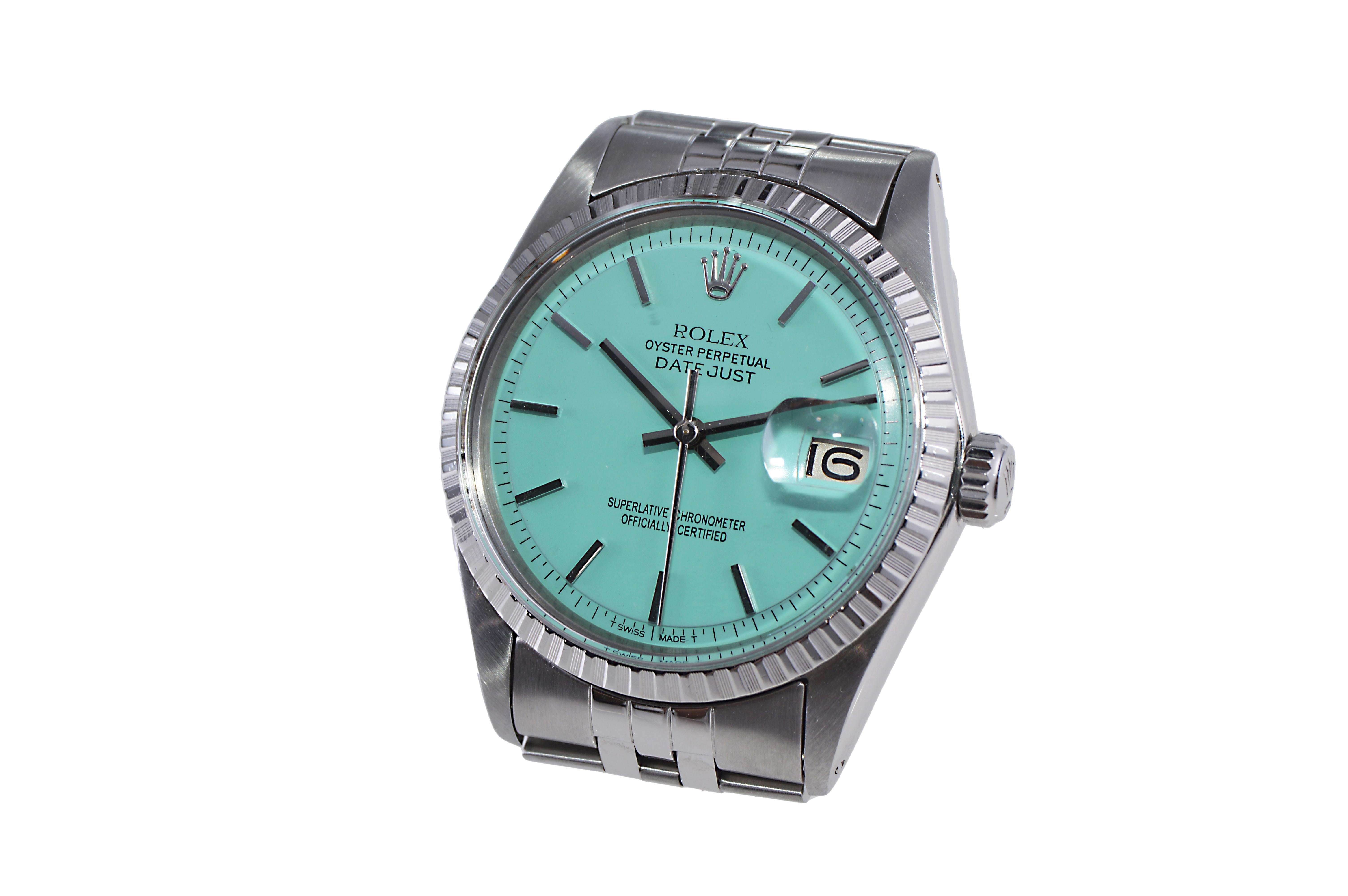 Women's or Men's Rolex Stainless Steel Datejust with Custom Made Tiffany Blue Dial circa 1970's For Sale