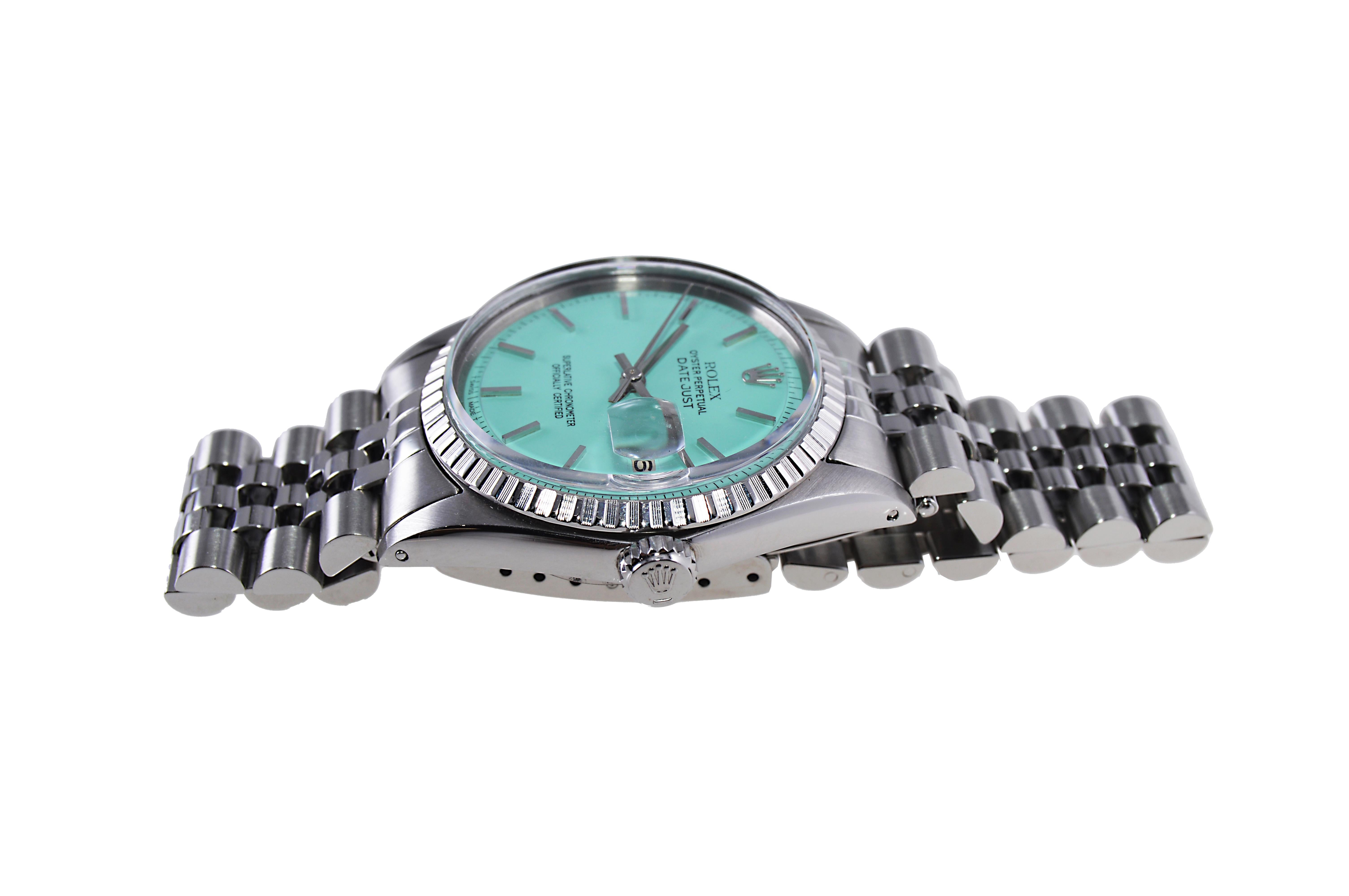 Rolex Montre Datejust en acier inoxydable avec cadran bleu Tiffany fait sur-mesure, années 1970 en vente 3