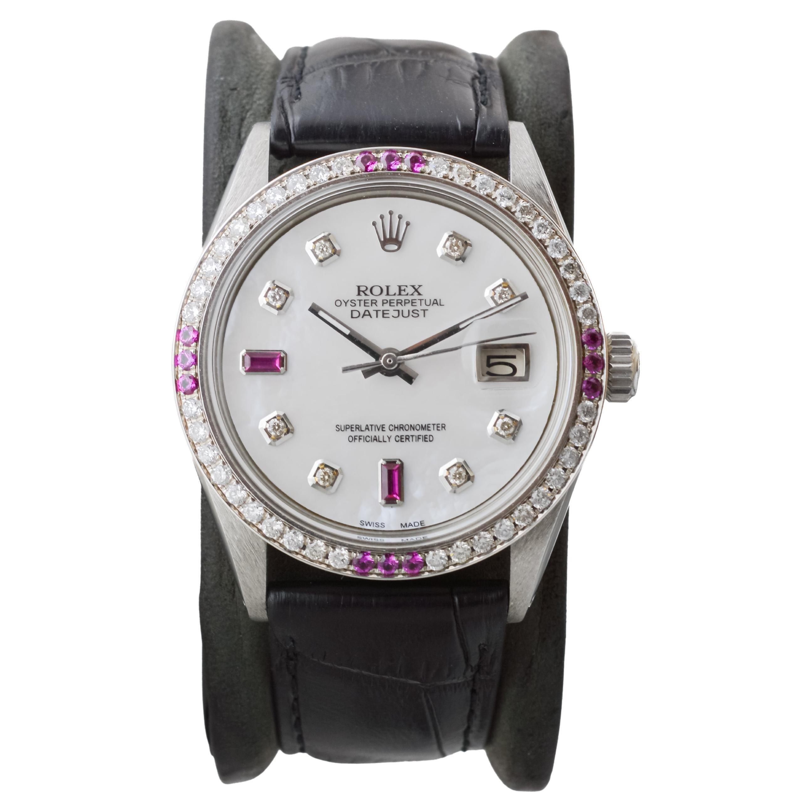 Modern Rolex Stainless Steel Datejust with Custom Mother of Pearl Dial circa, 1970's For Sale