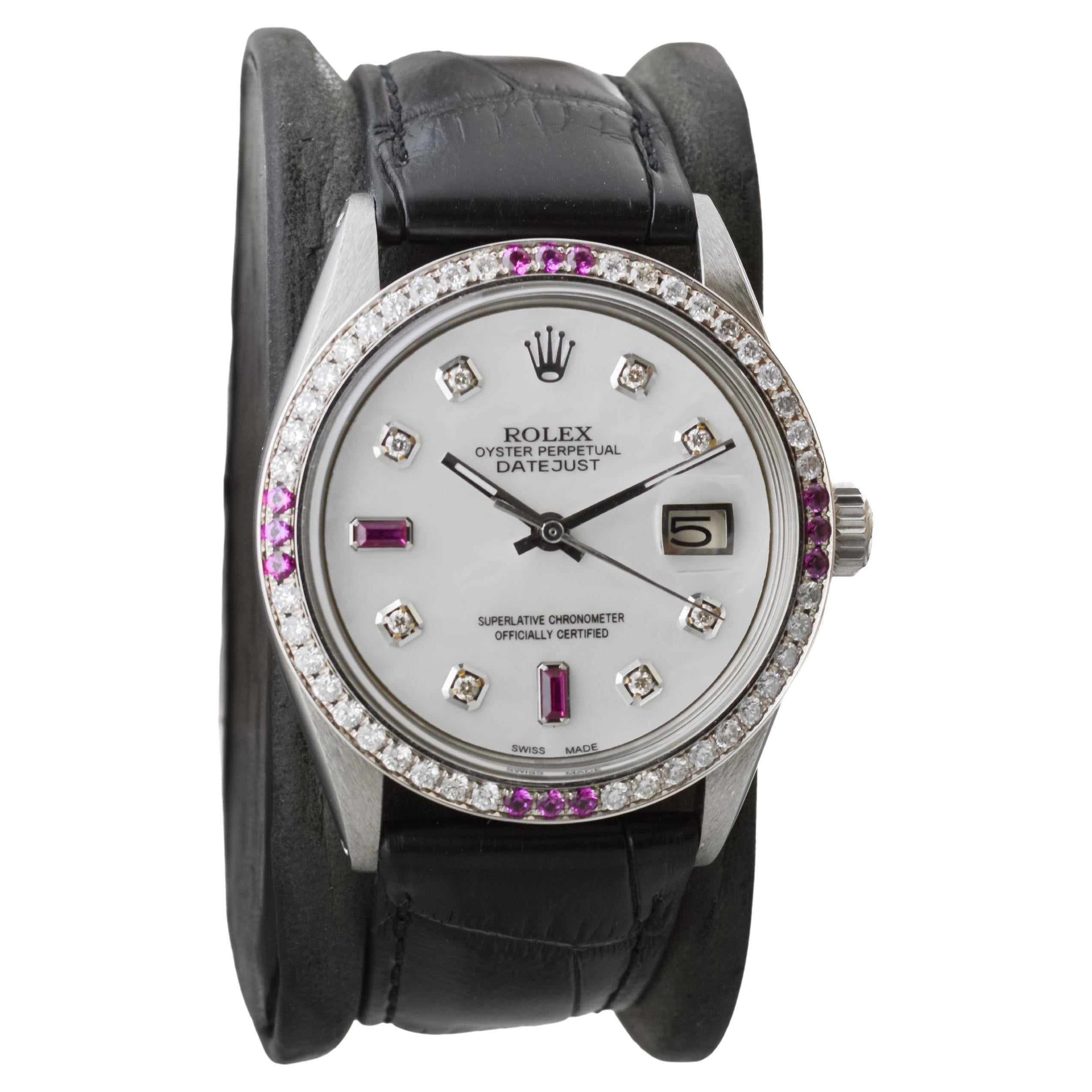 Women's or Men's Rolex Stainless Steel Datejust with Custom Mother of Pearl Dial circa, 1970's For Sale