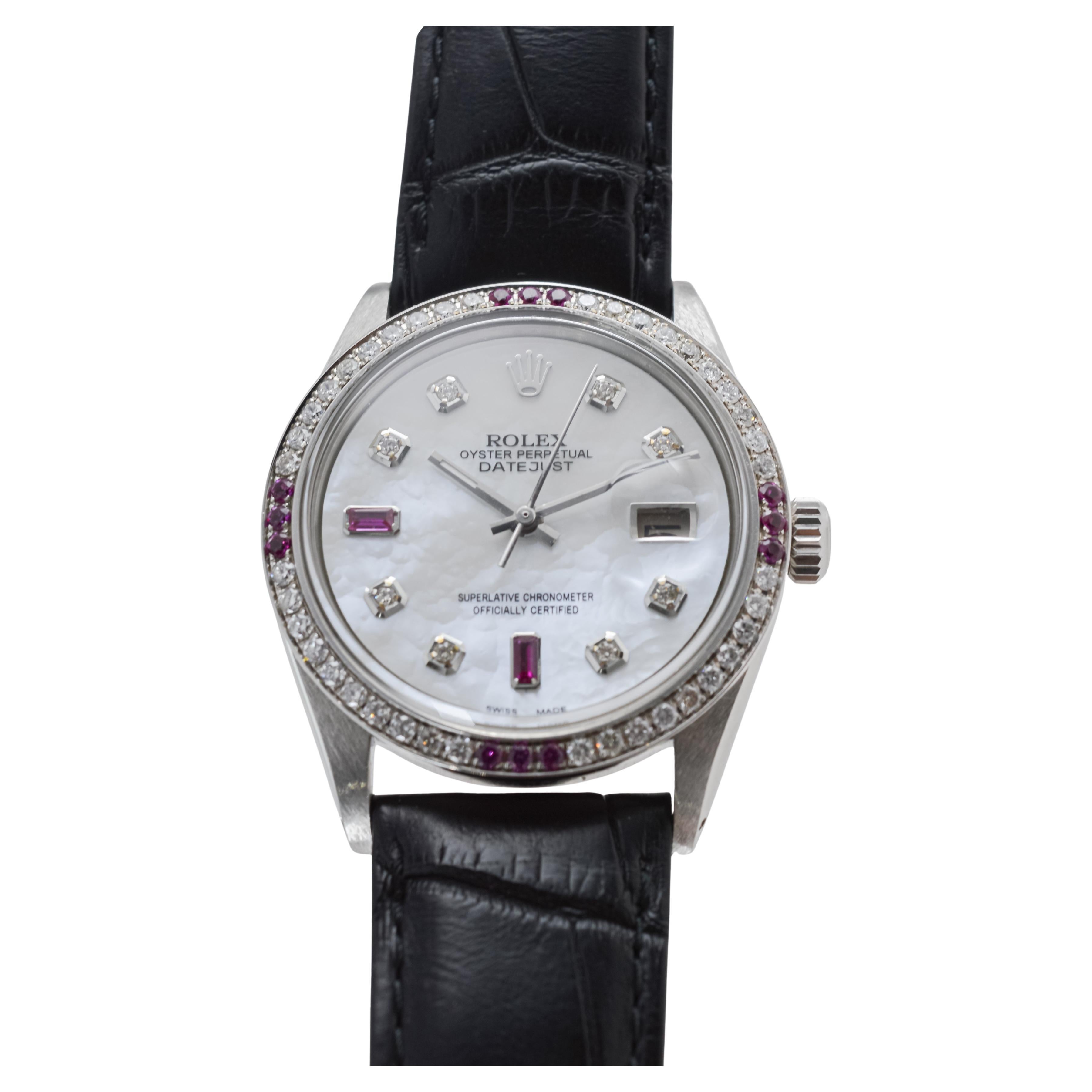 Rolex Stainless Steel Datejust with Custom Mother of Pearl Dial circa, 1970's For Sale 4