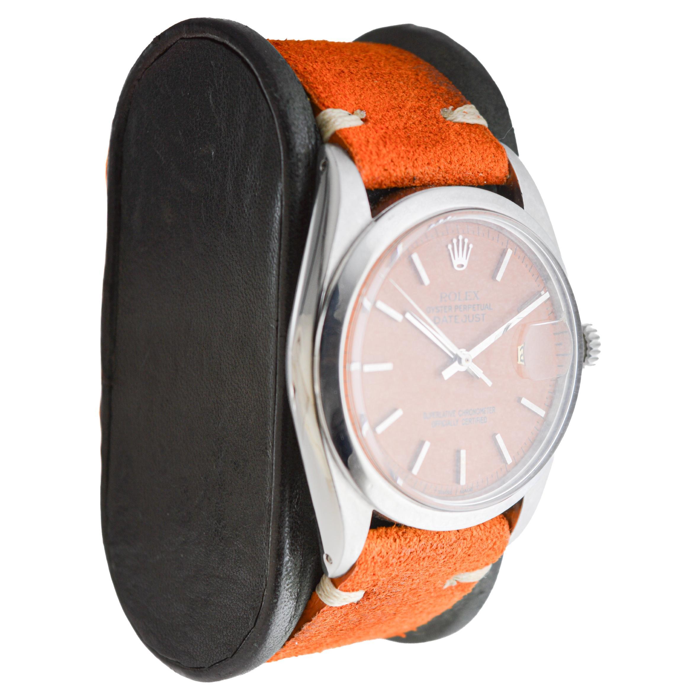 Modern Rolex Stainless Steel Datejust with Custom Orange Dial circa 1960's For Sale