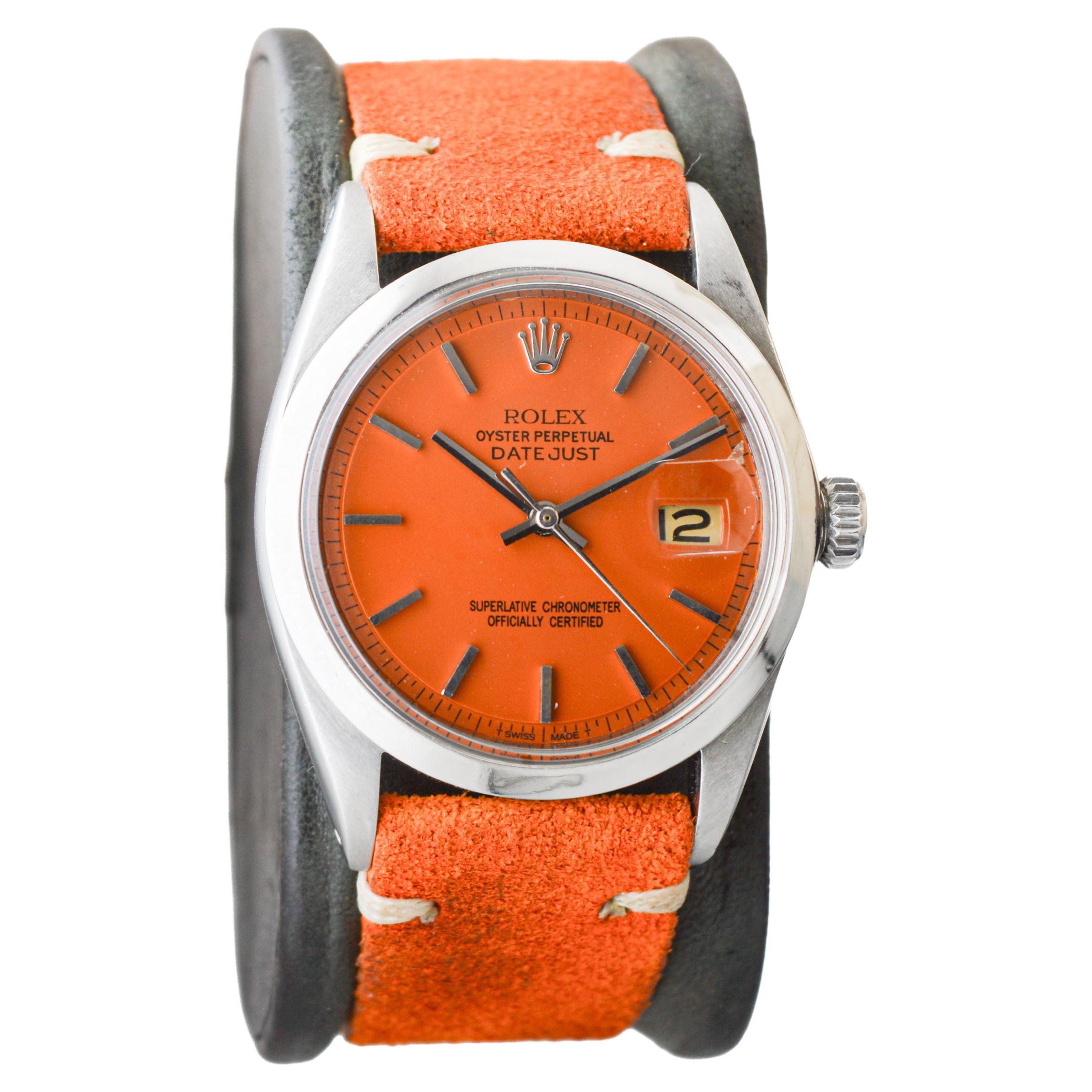 Rolex Stainless Steel Datejust with Custom Orange Dial circa 1960's In Excellent Condition For Sale In Long Beach, CA