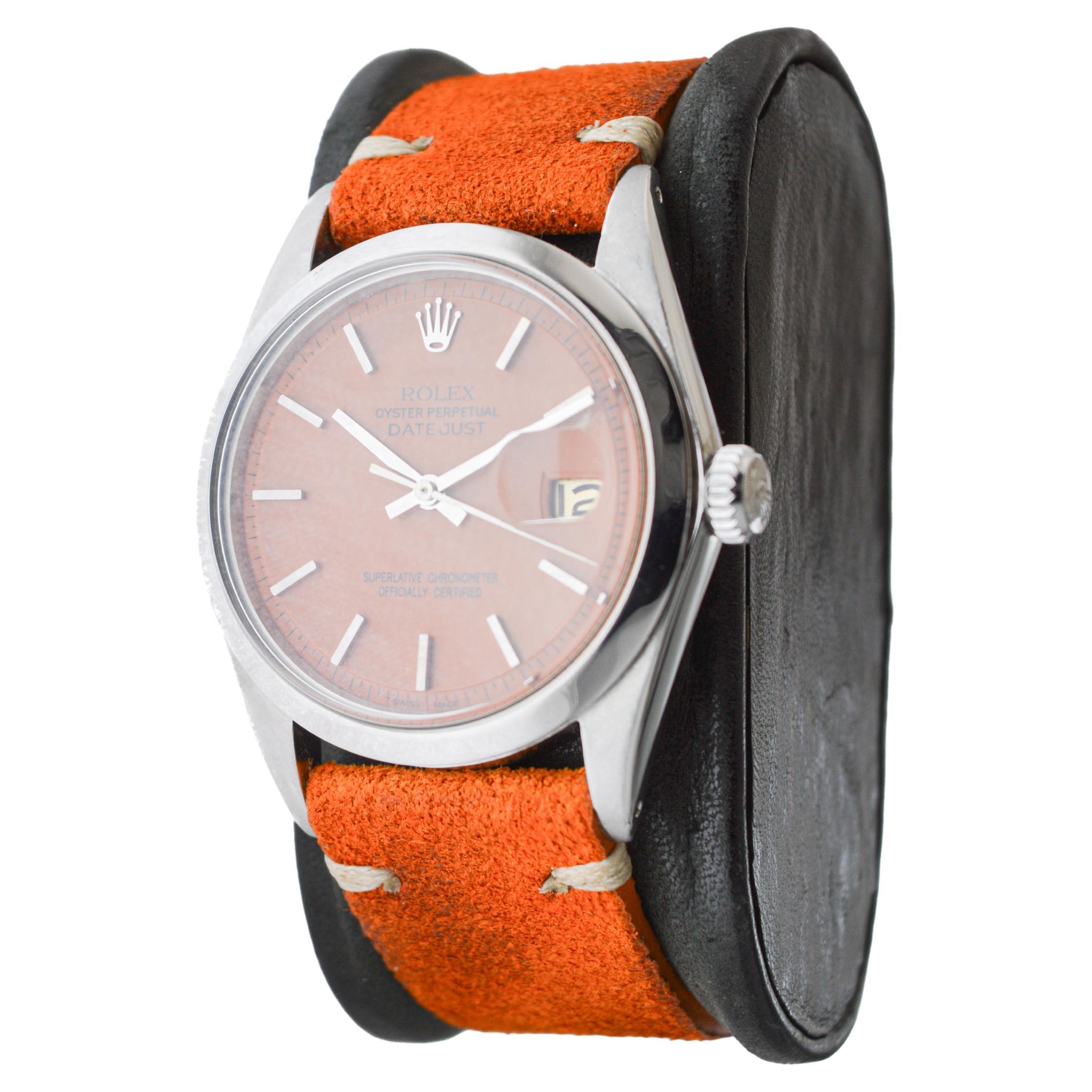 Women's or Men's Rolex Stainless Steel Datejust with Custom Orange Dial circa 1960's For Sale