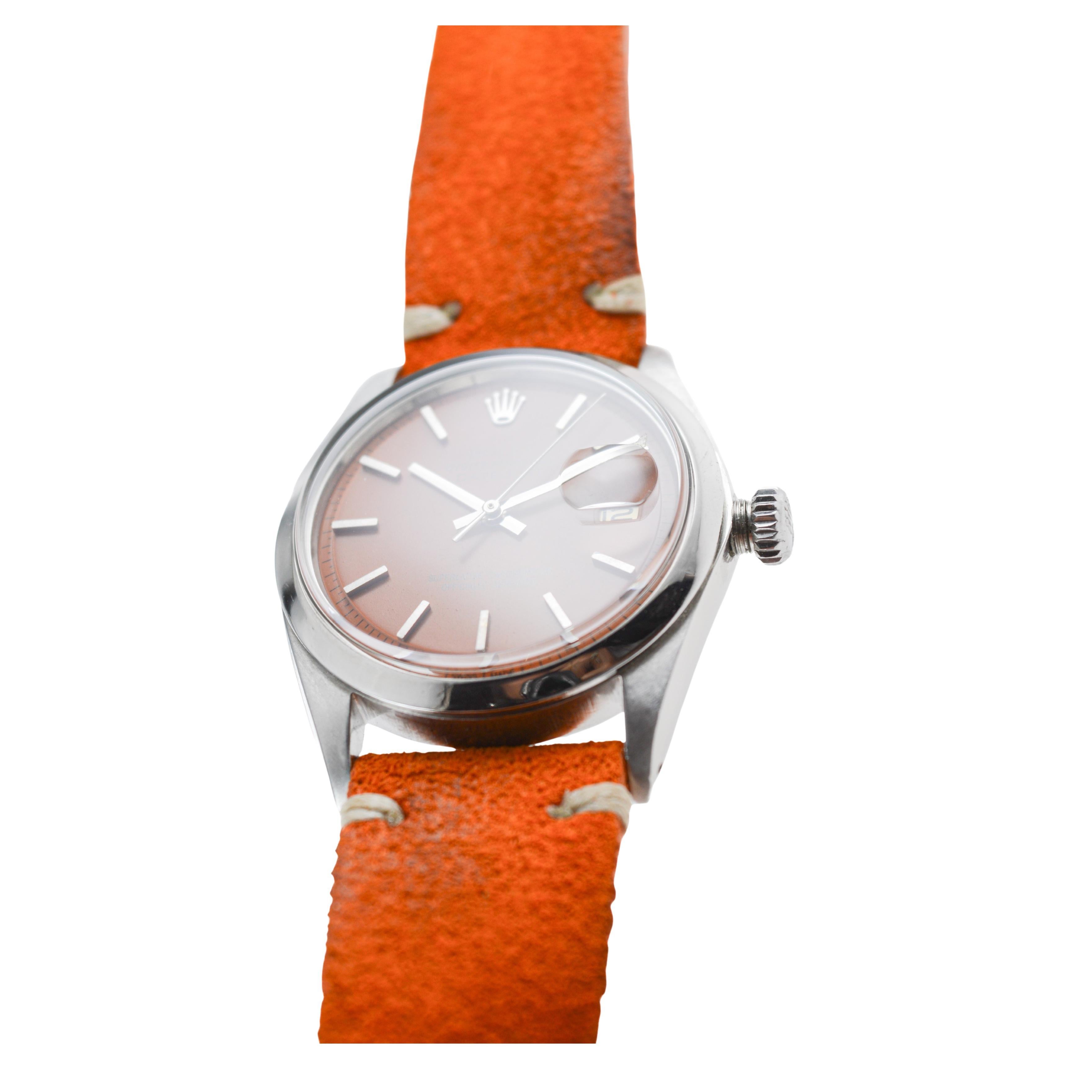 Rolex Stainless Steel Datejust with Custom Orange Dial circa 1960's For Sale 1