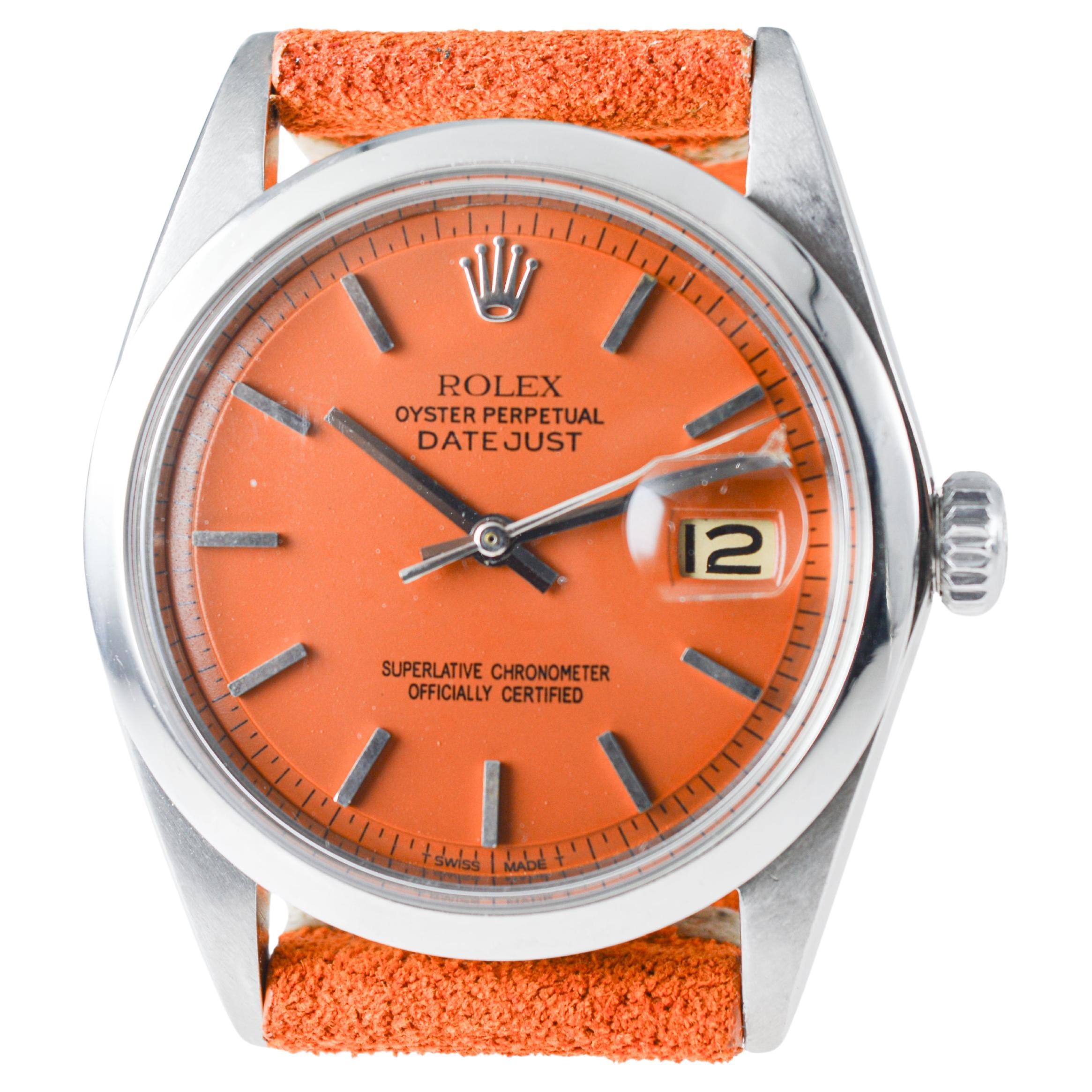 Rolex Stainless Steel Datejust with Custom Orange Dial circa 1960's For Sale 2