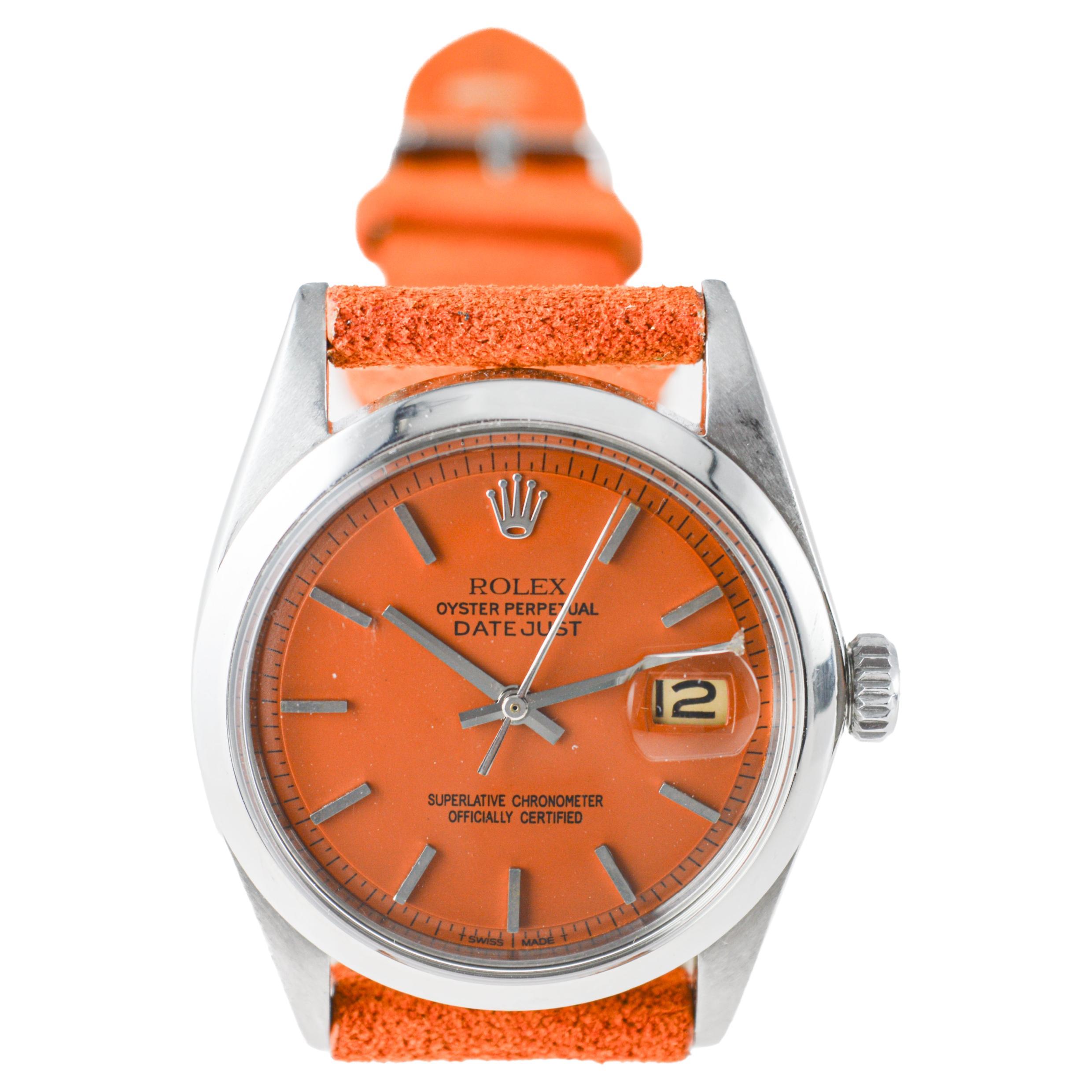 Rolex Stainless Steel Datejust with Custom Orange Dial circa 1960's For Sale 3