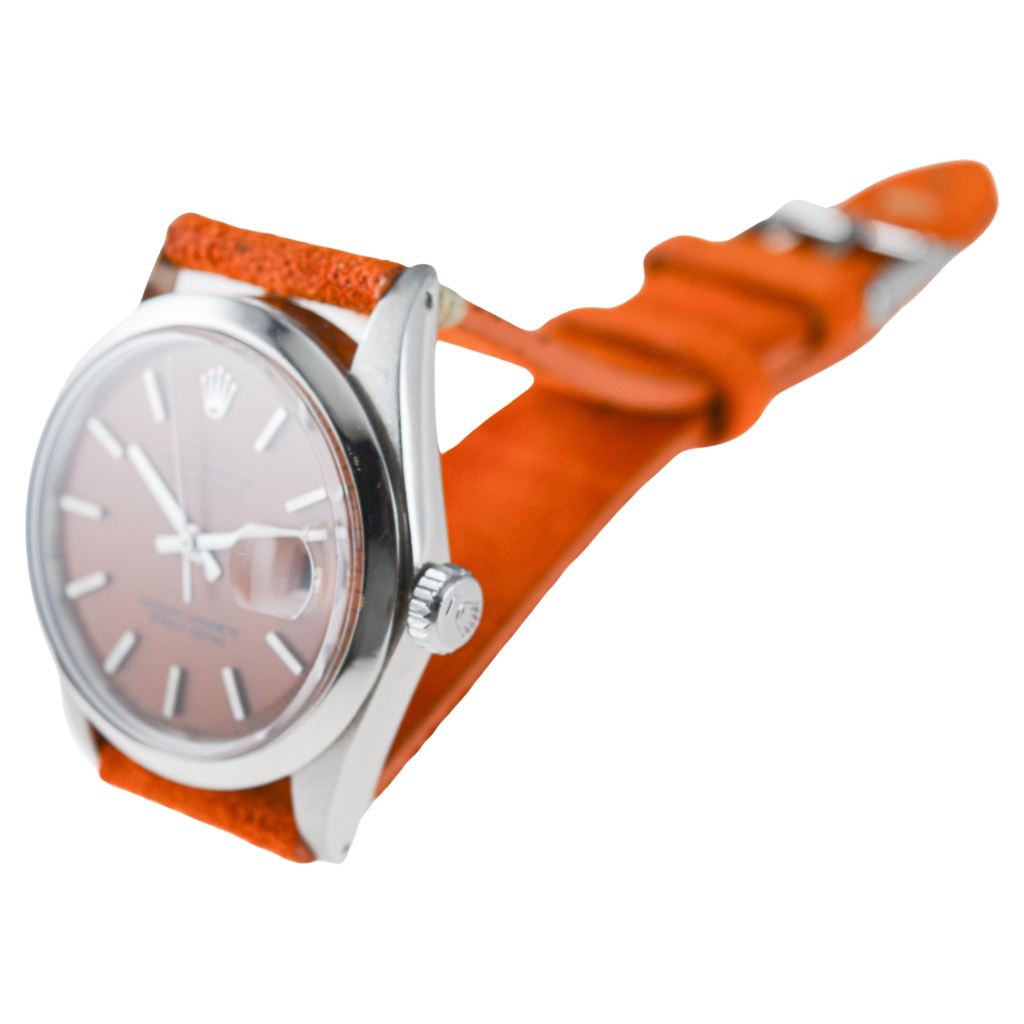Rolex Stainless Steel Datejust with Custom Orange Dial circa 1960's For Sale 4