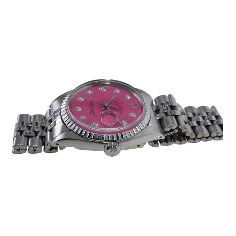 Rolex Stainless Steel Datejust with Custom Pink Dial with Diamond Markers 1970's For Sale 5