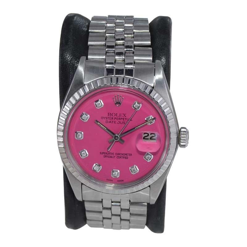 Modern Rolex Stainless Steel Datejust with Custom Pink Dial with Diamond Markers 1970's For Sale
