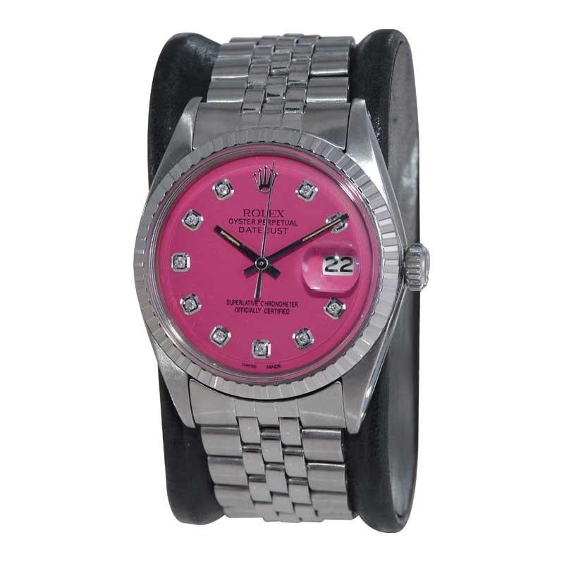 Rolex Stainless Steel Datejust with Custom Pink Dial with Diamond Markers 1970's In Excellent Condition For Sale In Long Beach, CA