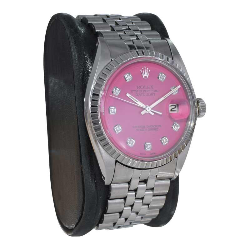 Women's or Men's Rolex Stainless Steel Datejust with Custom Pink Dial with Diamond Markers 1970's For Sale