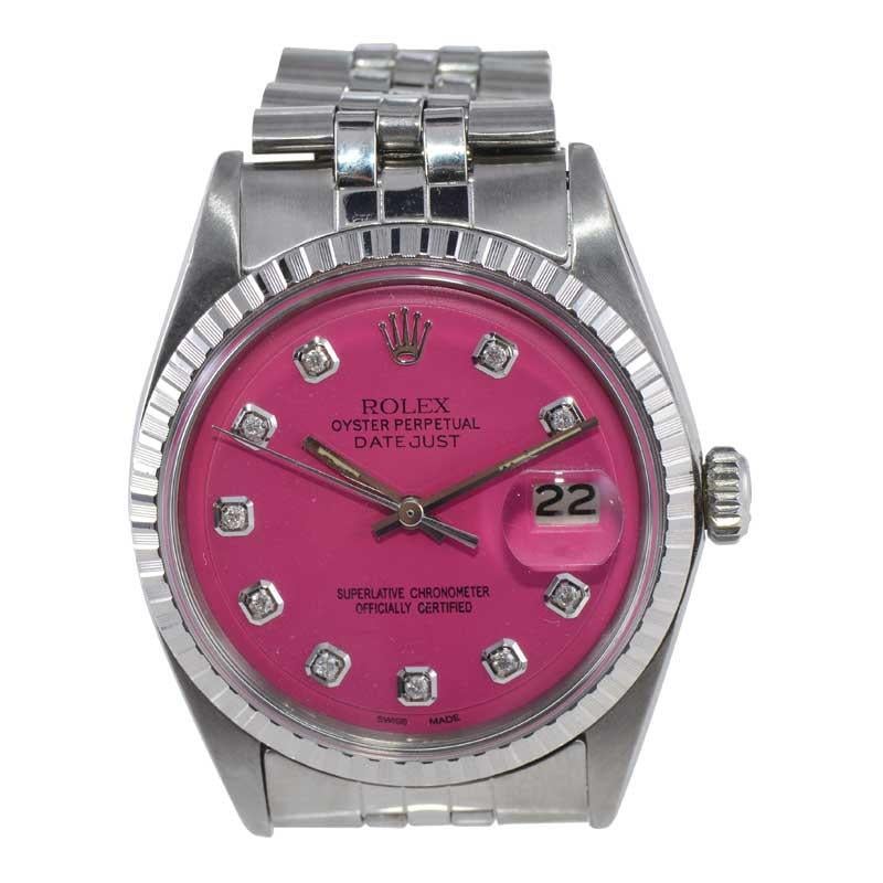 Rolex Stainless Steel Datejust with Custom Pink Dial with Diamond Markers 1970's For Sale 2