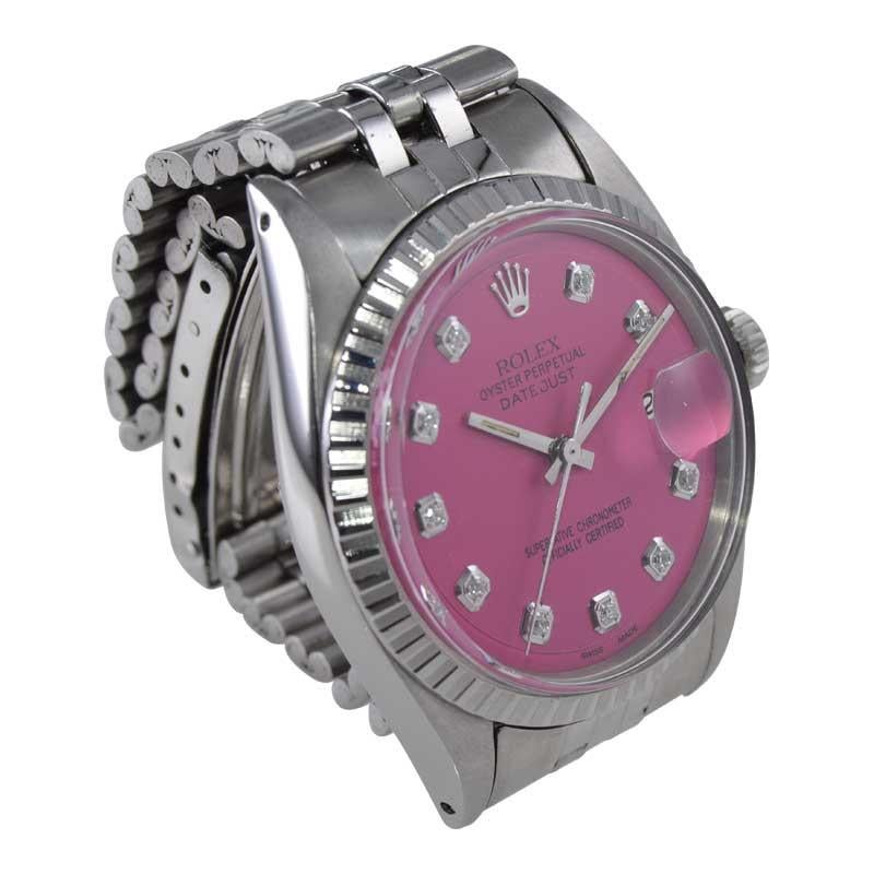 Rolex Stainless Steel Datejust with Custom Pink Dial with Diamond Markers 1970's For Sale 4
