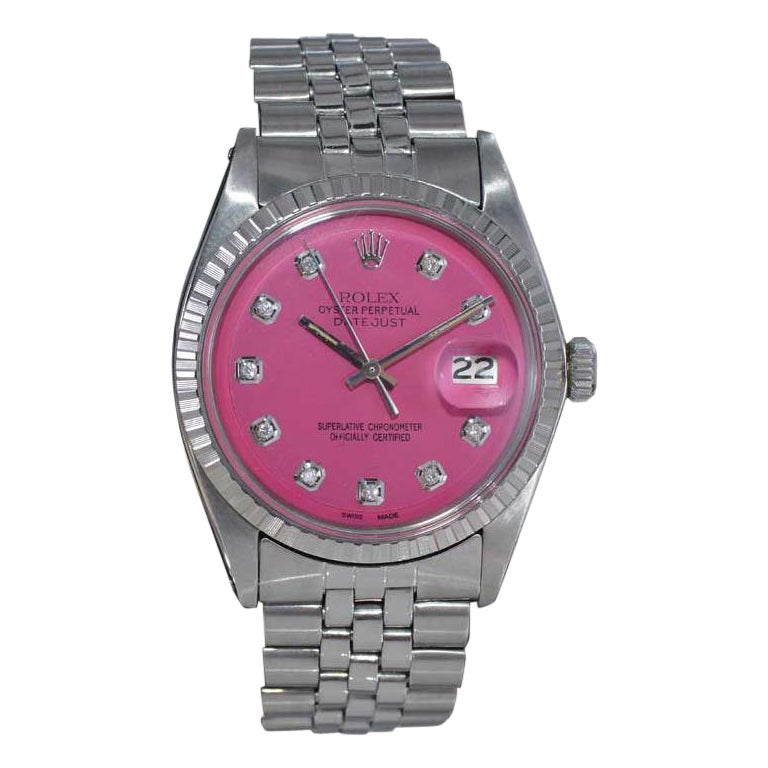 Rolex Stainless Steel Datejust with Custom Pink Dial with Diamond Markers 1970's For Sale