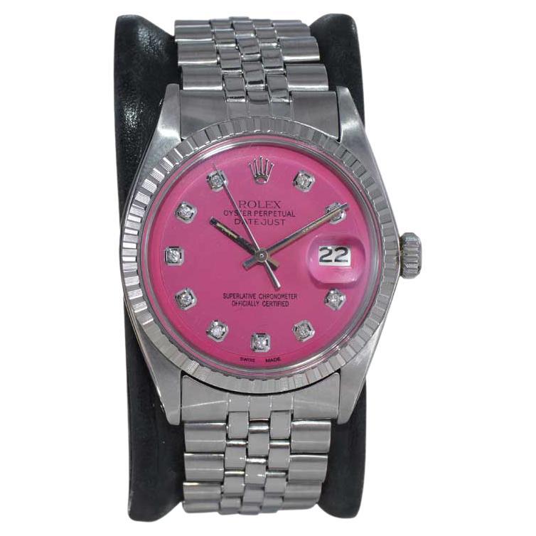 Rolex Datejust in acciaio inossidabile con quadrante rosa personalizzato con indici Diamond degli anni 1970