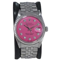 Rolex Datejust in acciaio inossidabile con quadrante rosa personalizzato con indici Diamond degli anni 1970