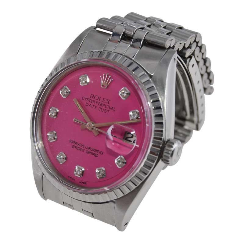 Women's or Men's Rolex Stainless Steel Datejust with Custom Pink Dial with Diamond Markers 1970's For Sale