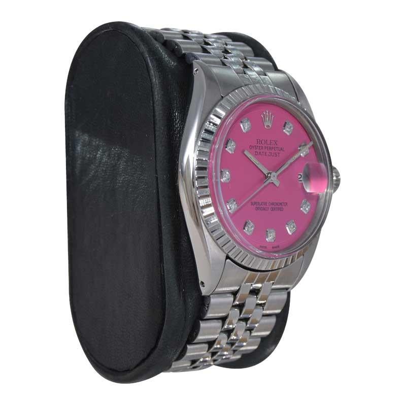Modern Rolex Stainless Steel Datejust with Custom Pink Dial with Diamond Markers 1970's For Sale