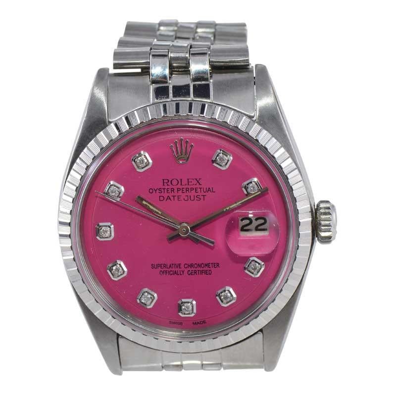Rolex Montre Datejust en acier inoxydable avec cadran rose personnalisé et index en diamants, années 1970 en vente 2