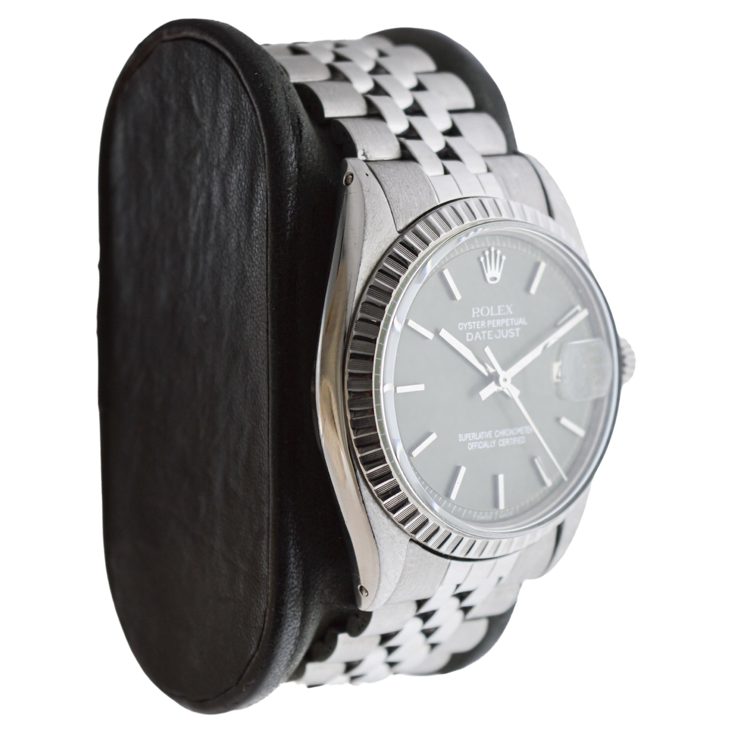 FACTORY / HOUSE: Rolex Watch Company
STYLE / REFERENCE: Datejust / Reference 1601
METAL / MATERIAL: Stainless Steel with White Gold Bezel
CIRCA / YEAR: 1960's
DIMENSIONS / SIZE: Length  42mm X Diameter 36mm
MOVEMENT / CALIBER: Perpetual Winding / 26