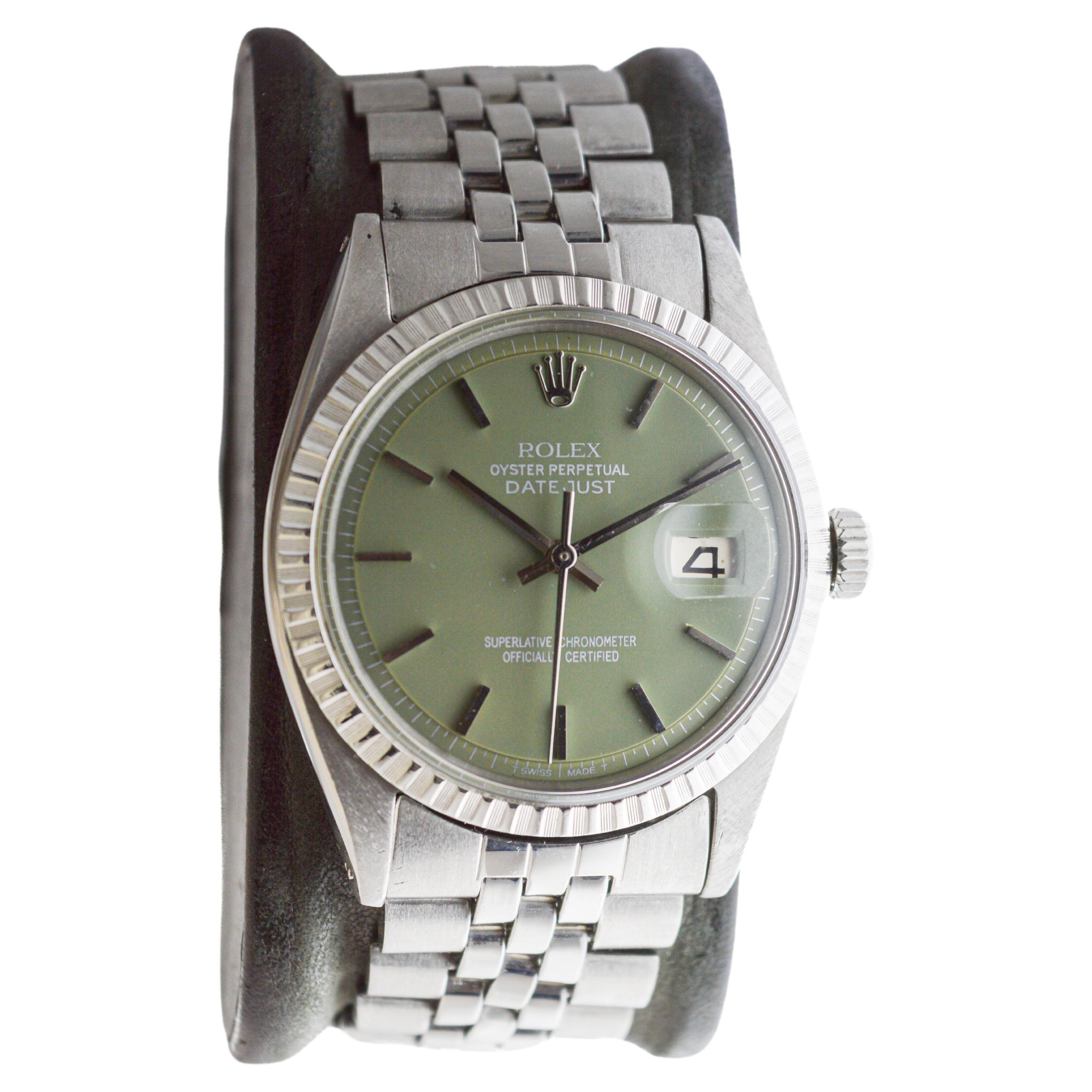Modern Rolex Stainless Steel Datejust with Custom Sage Green Dial 1960s For Sale