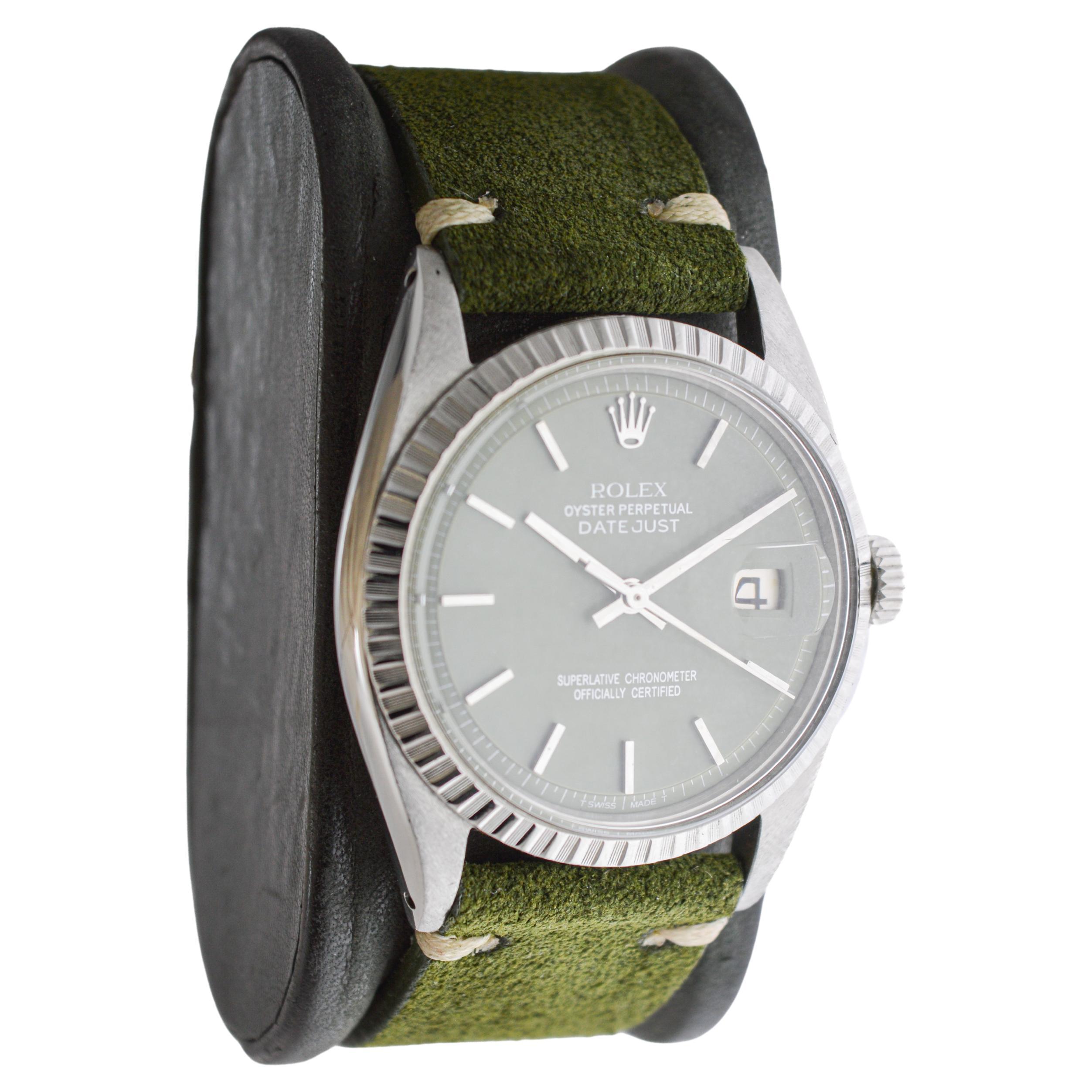 Modern Rolex Stainless Steel Datejust with Custom Sage Green Dial 1960s