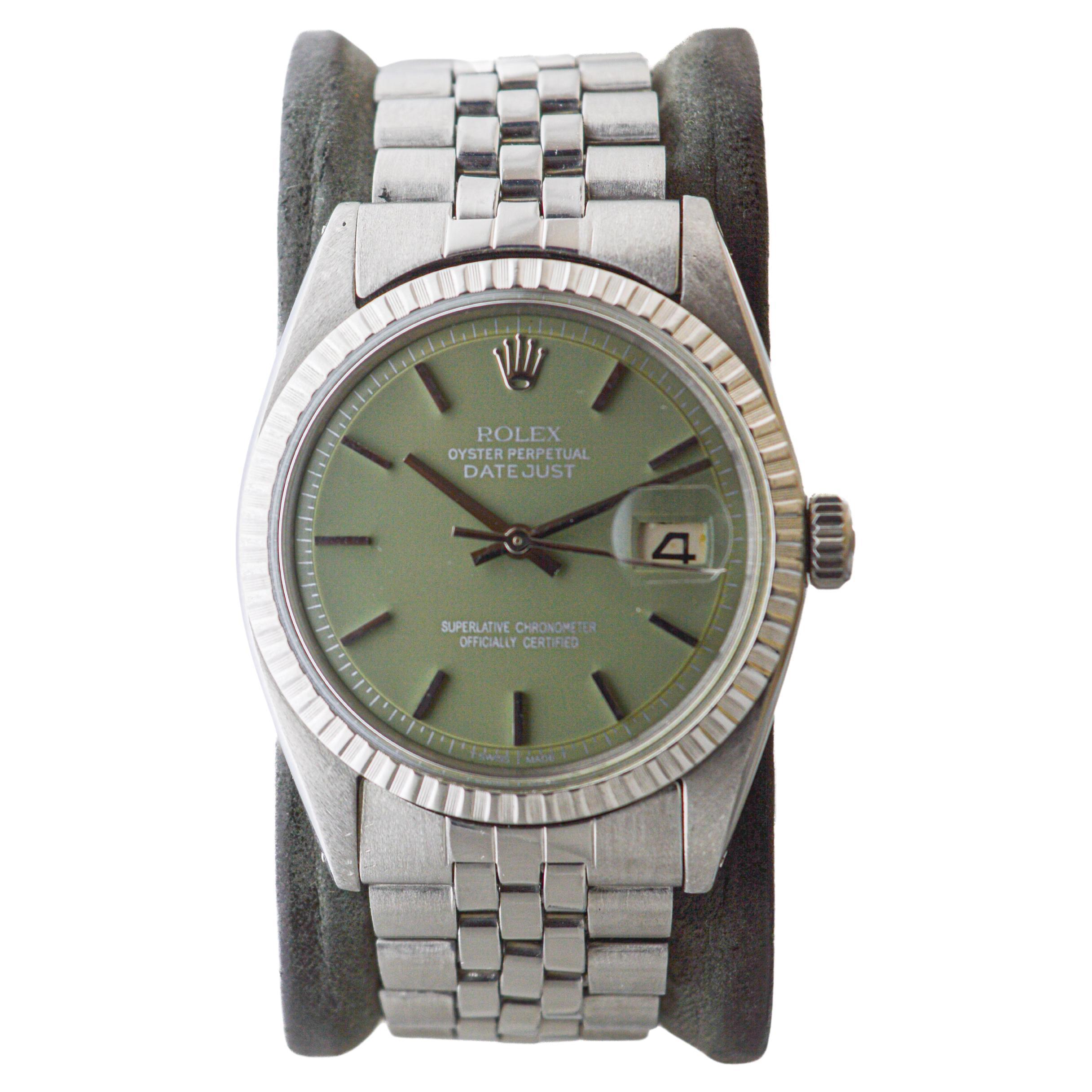 Rolex Stainless Steel Datejust with Custom Sage Green Dial 1960s In Excellent Condition For Sale In Long Beach, CA