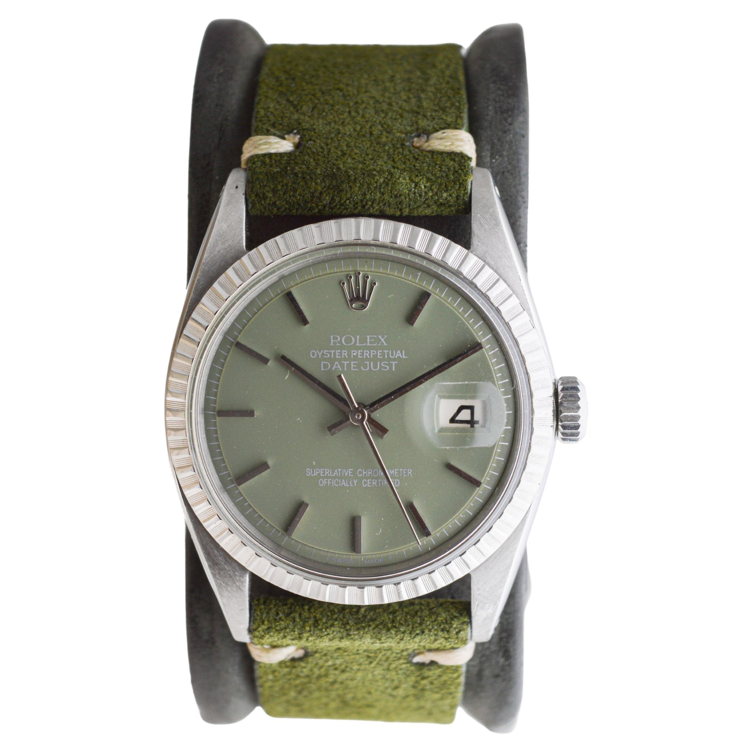 Rolex Stainless Steel Datejust with Custom Sage Green Dial 1960s In Excellent Condition In Long Beach, CA