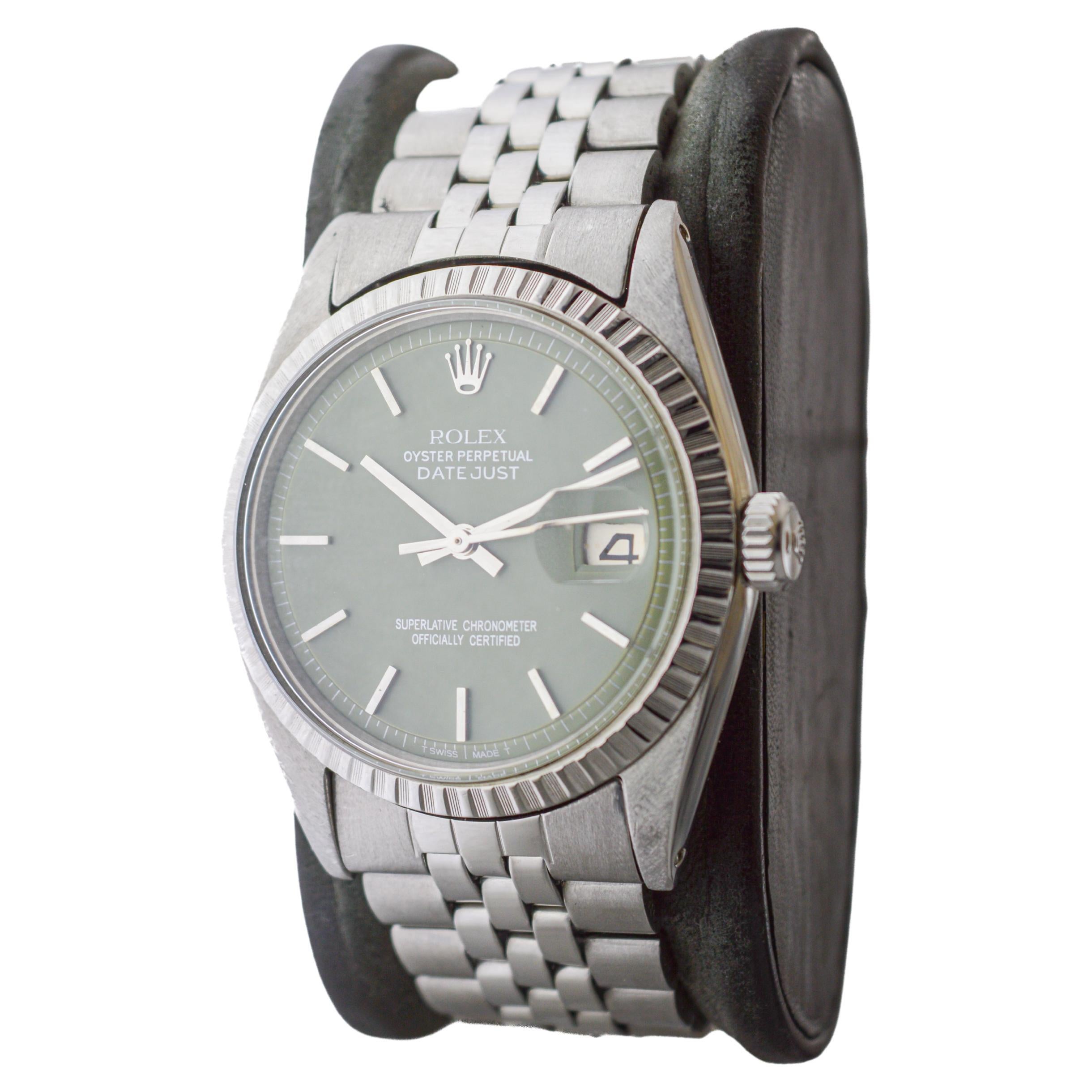 Women's or Men's Rolex Stainless Steel Datejust with Custom Sage Green Dial 1960s For Sale