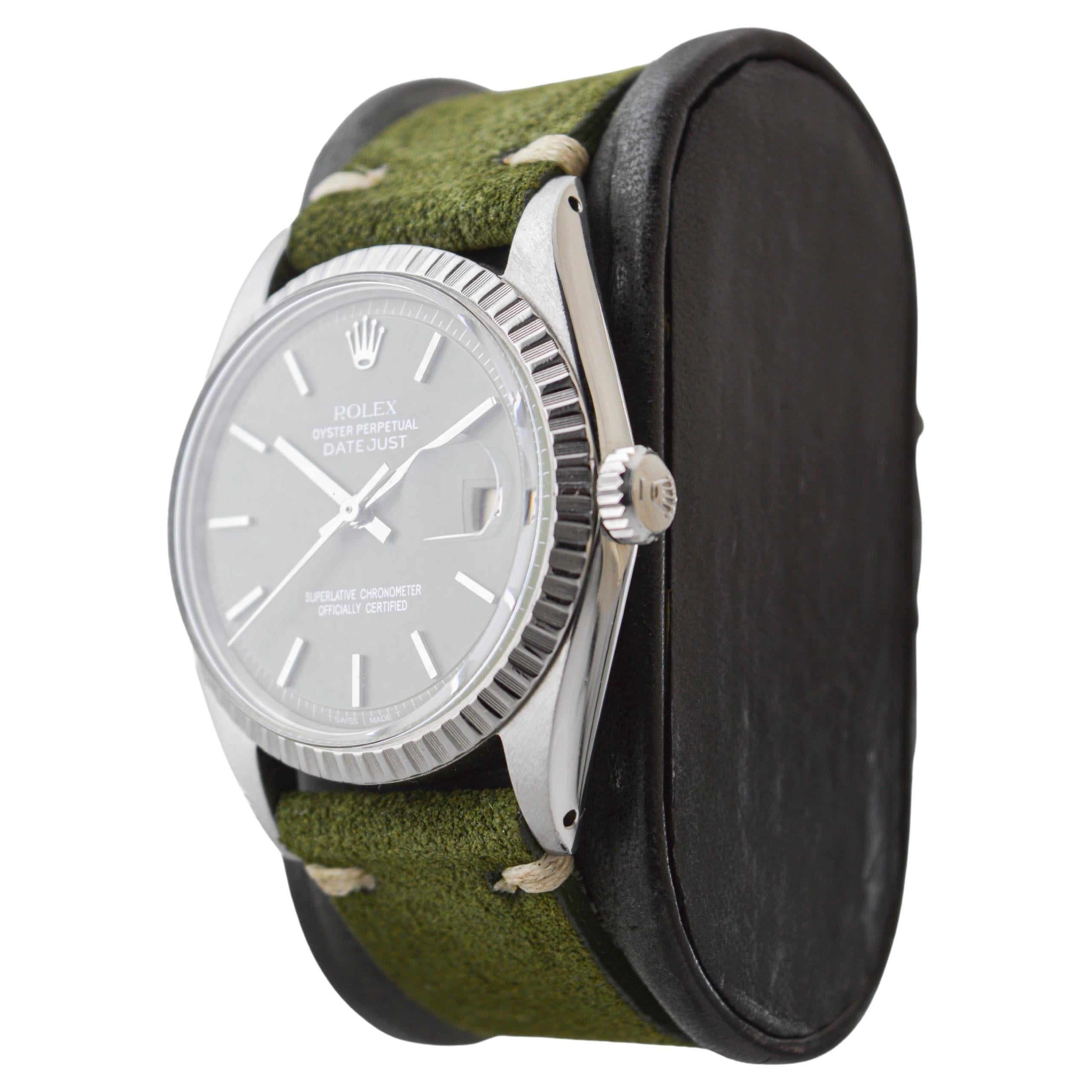 Women's or Men's Rolex Stainless Steel Datejust with Custom Sage Green Dial 1960s For Sale