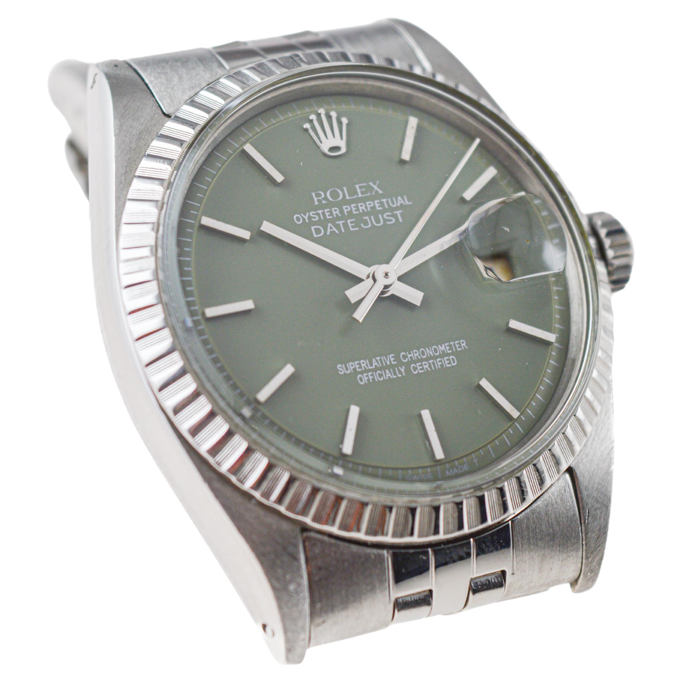 Rolex Stainless Steel Datejust with Custom Sage Green Dial 1960s For Sale 1