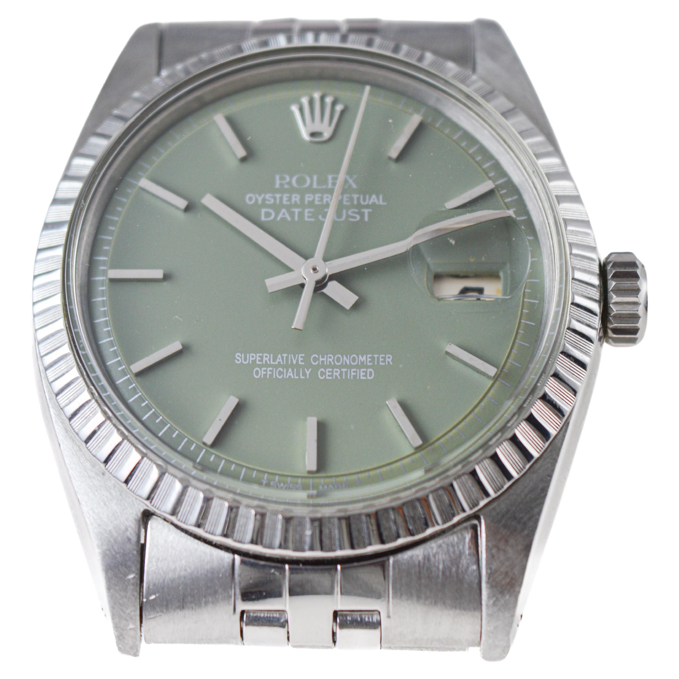 Rolex Stainless Steel Datejust with Custom Sage Green Dial 1960s For Sale 2