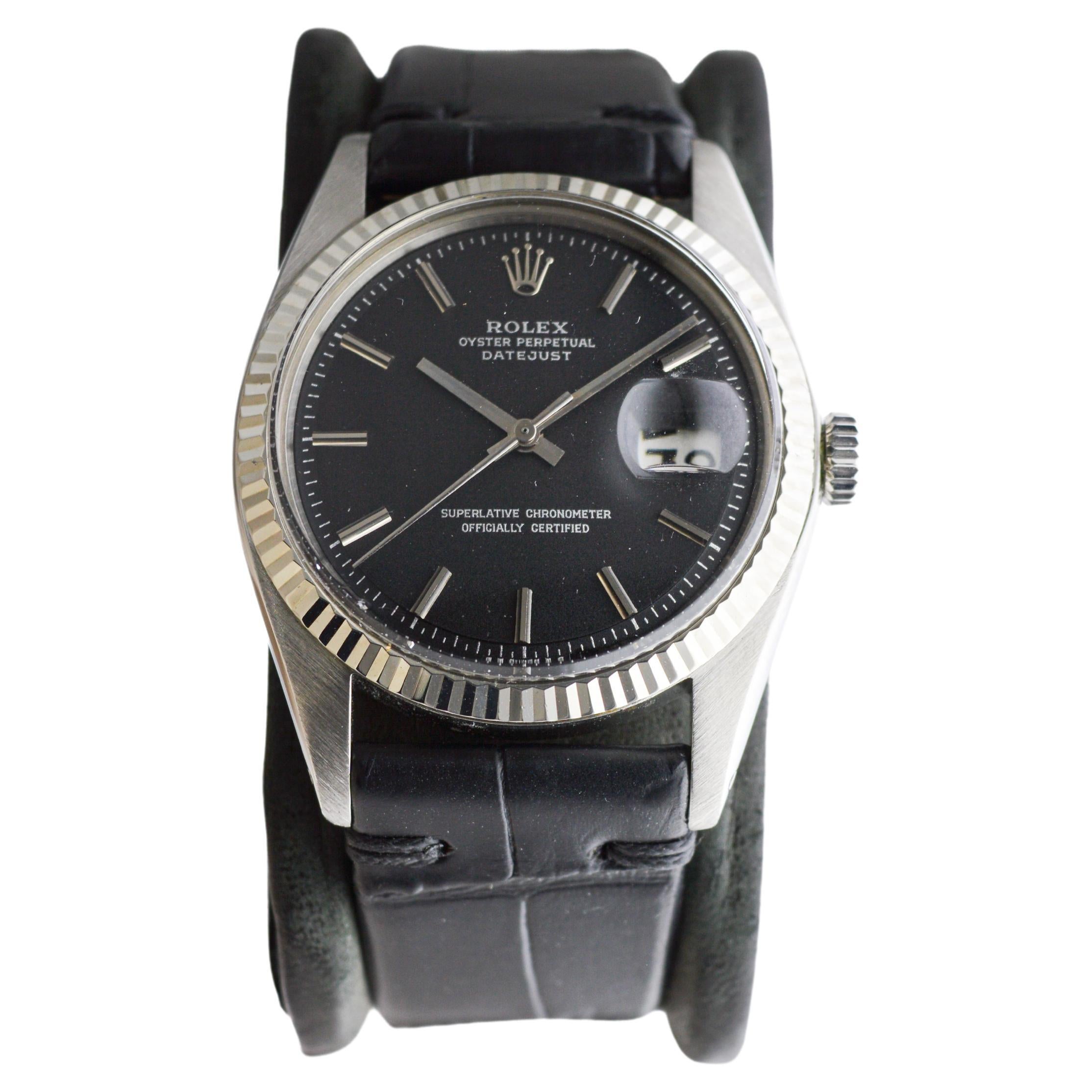 Rolex Stainless Steel Datejust with Factory Original Black Dial circa 1970's In Excellent Condition In Long Beach, CA