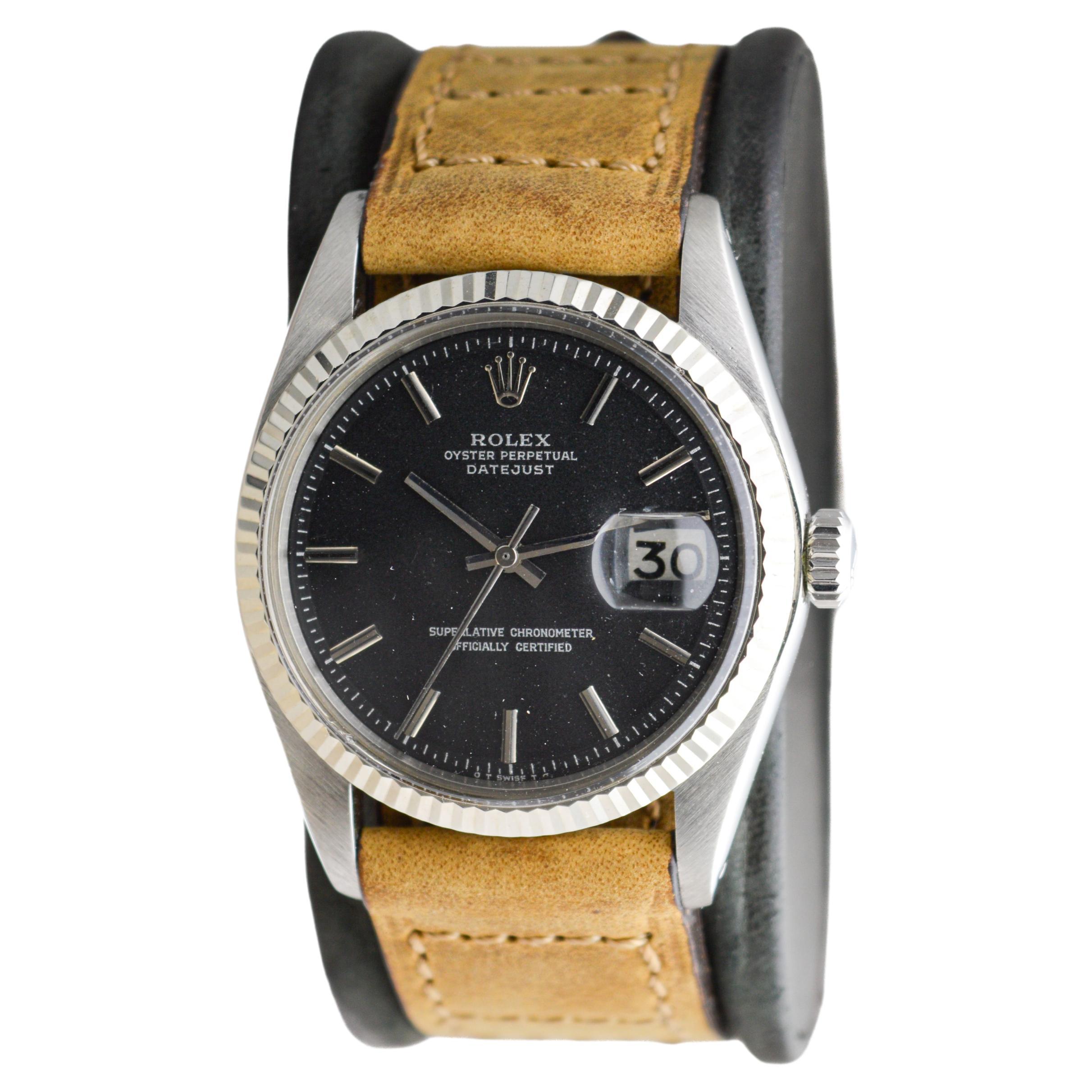 Rolex Edelstahl Datejust mit Fabrik Original schwarzes Zifferblatt circa 1970's für Damen oder Herren