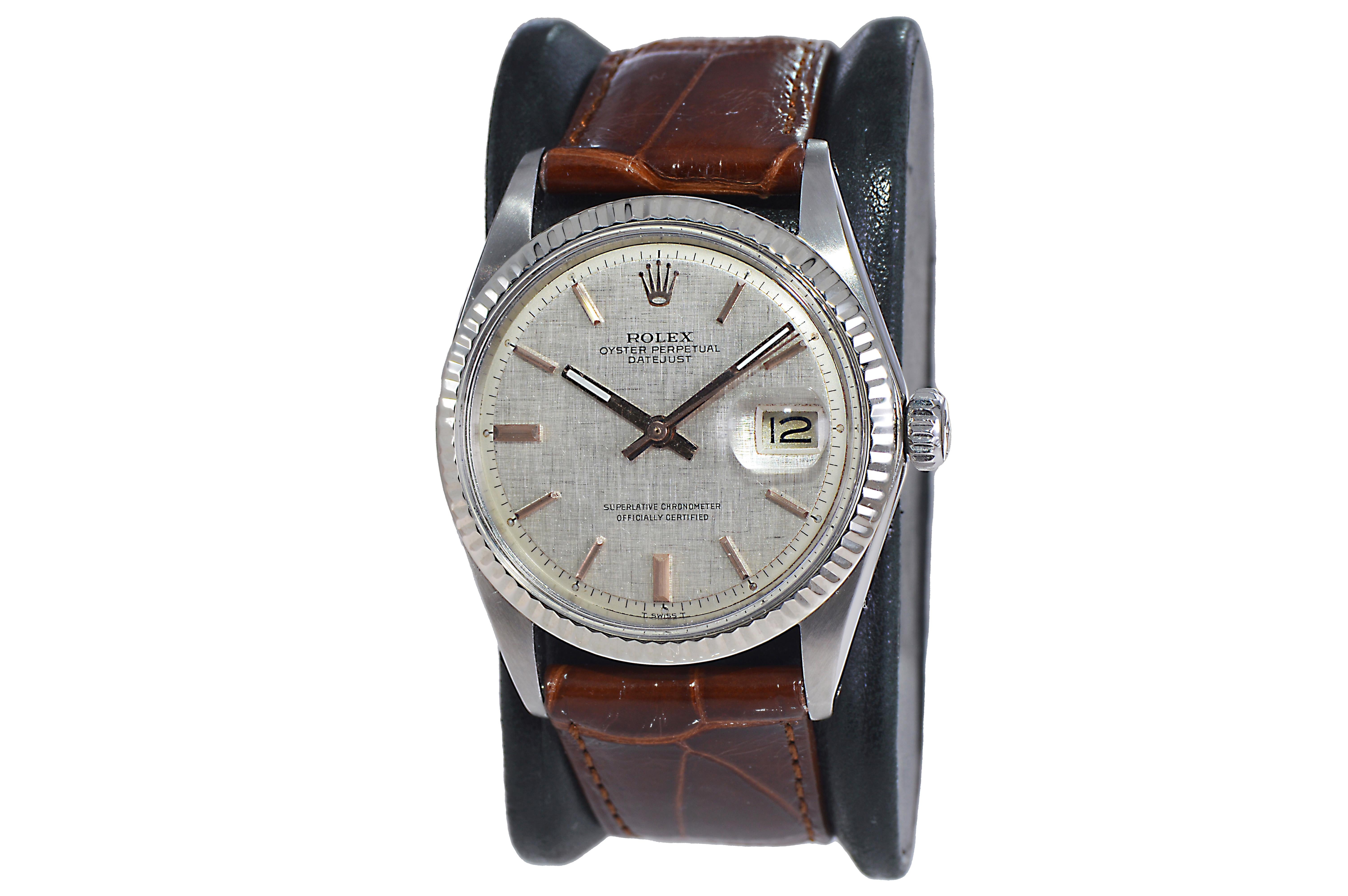Modernist Rolex Stainless Steel Datejust with Original and Rare Linen Dial Late 1960's For Sale