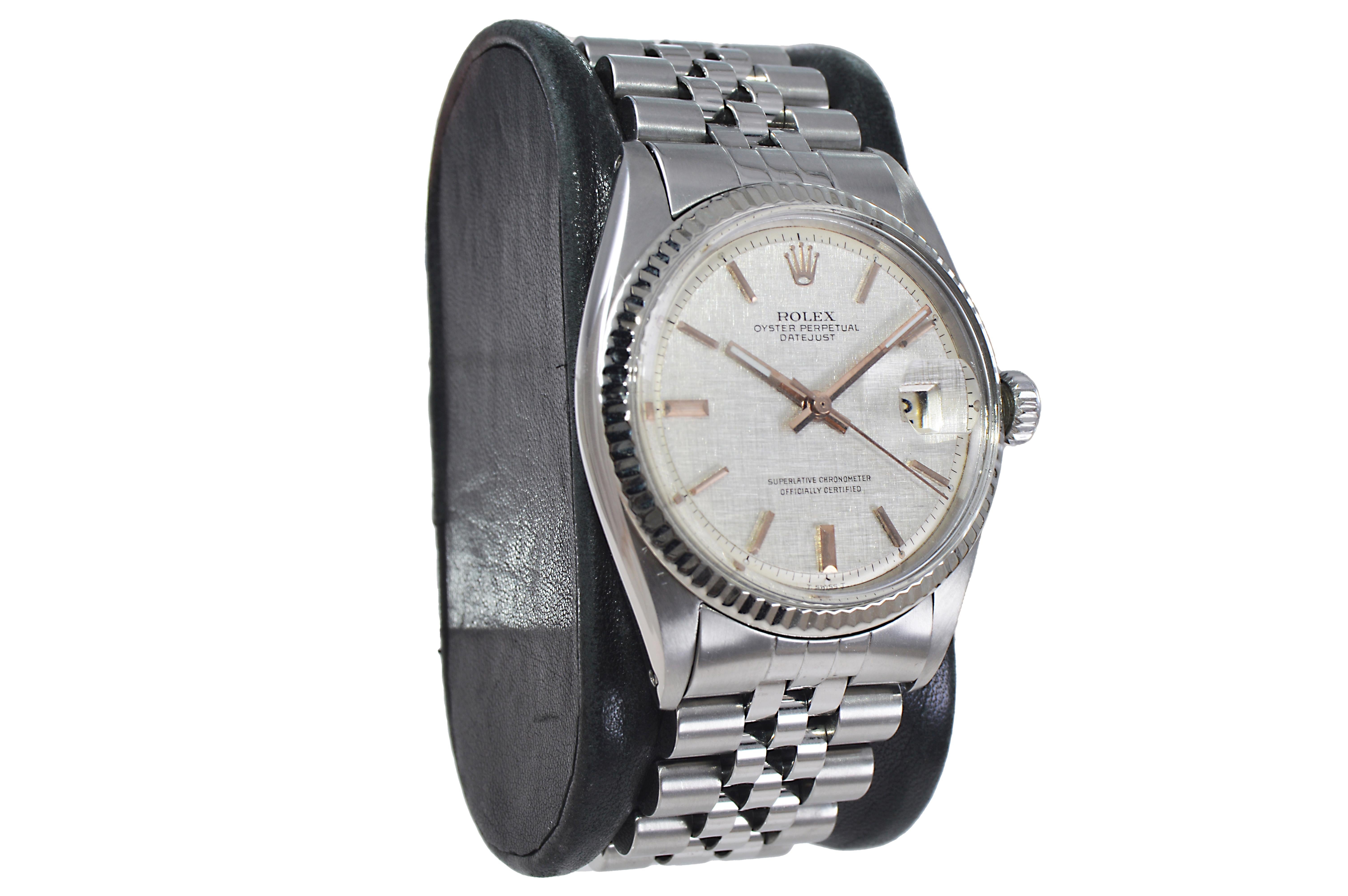 FACTORY / HOUSE: Rolex Watch Company 
STYLE / REFERENCE: Datejust / Reference 1601
METAL / MATERIAL: Stainless Steel
CIRCA / YEAR: Late 1960's
DIMENSIONS / SIZE: Length 43mm X Diameter 36mm 
MOVEMENT / CALIBER: Perpetual Winding / 26 Jewels /