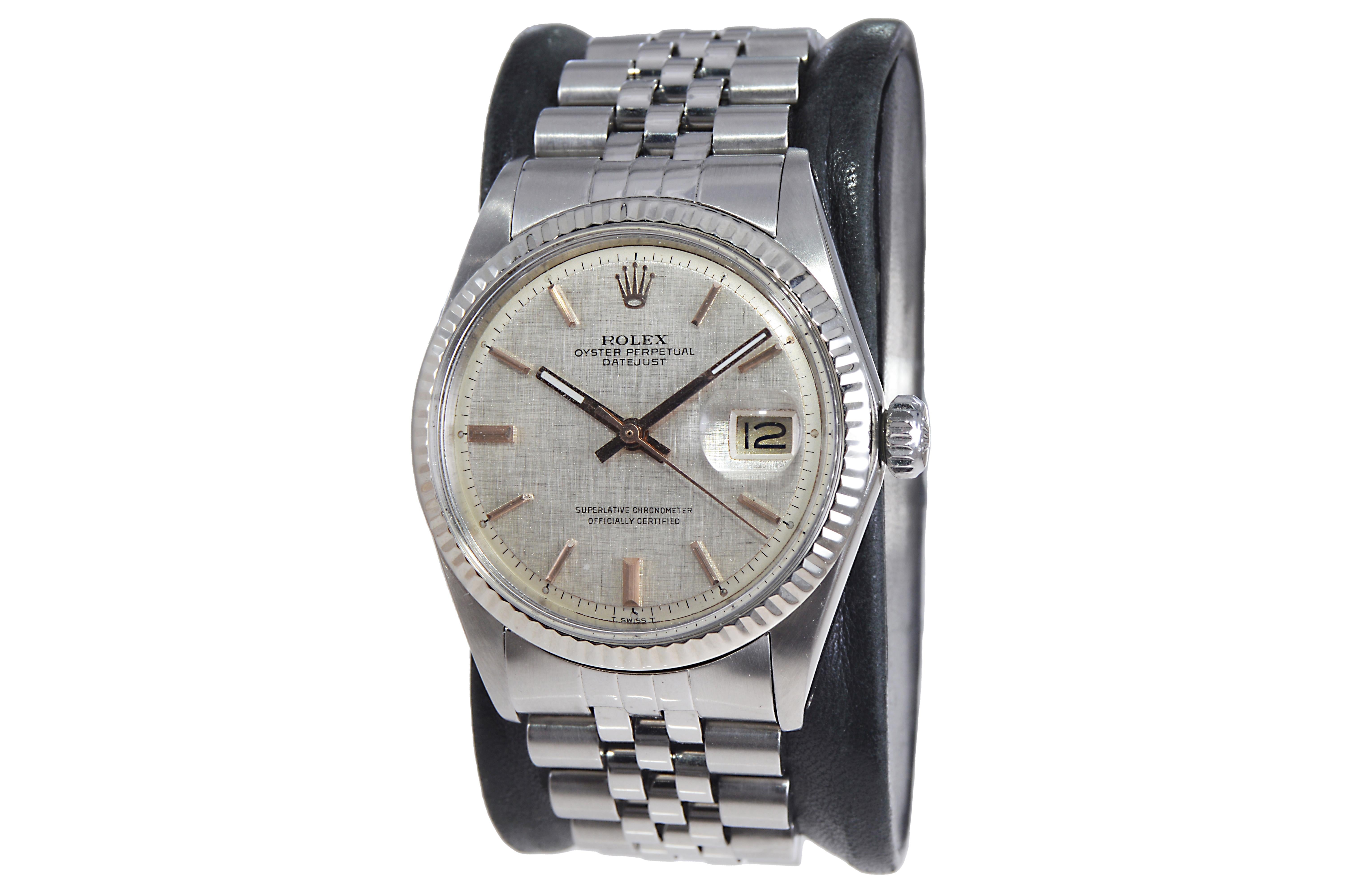 Modernist Rolex Stainless Steel Datejust with Original and Rare Linen Dial, Late 1960's For Sale