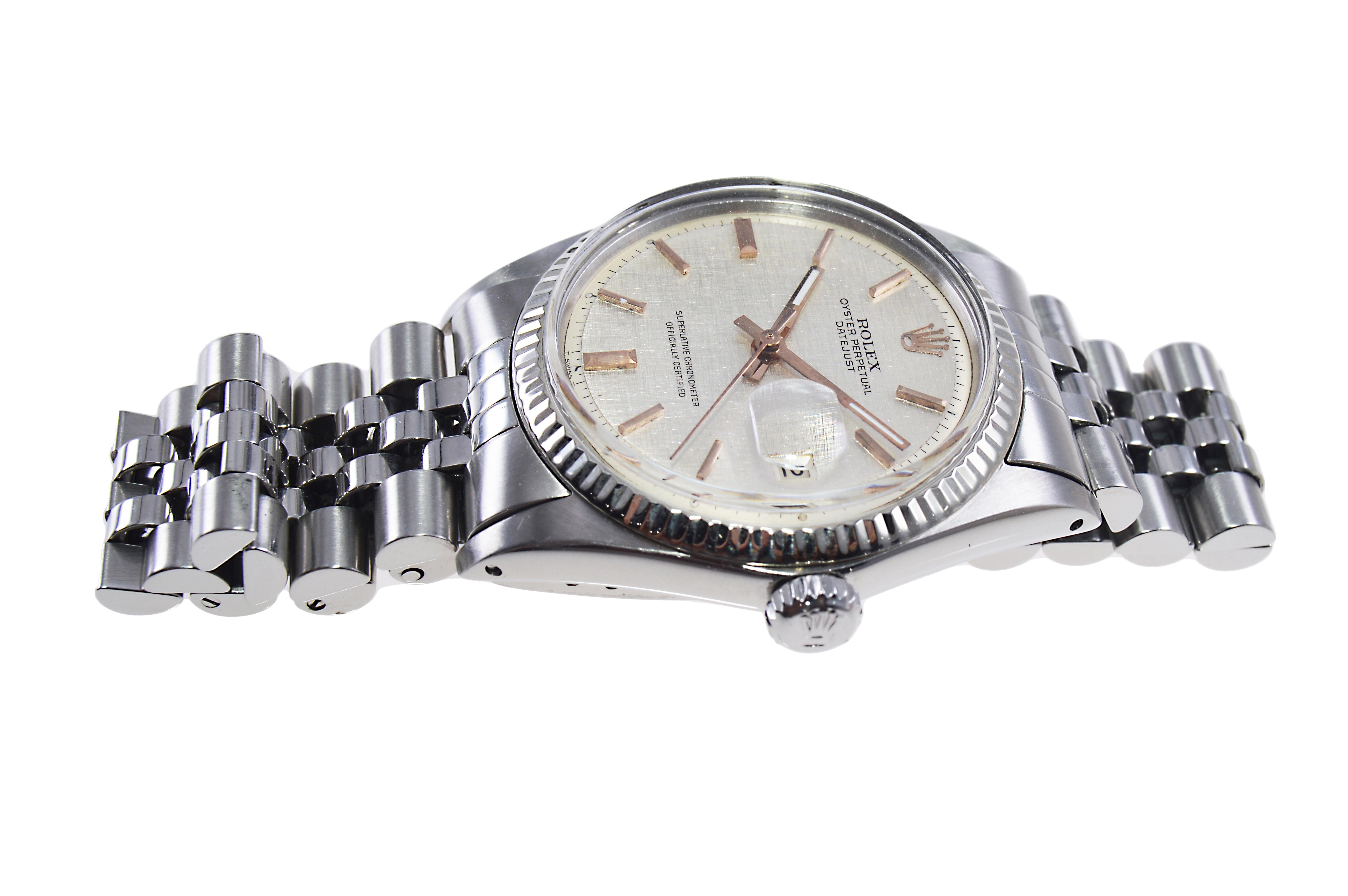 Women's or Men's Rolex Stainless Steel Datejust with Original and Rare Linen Dial, Late 1960's For Sale