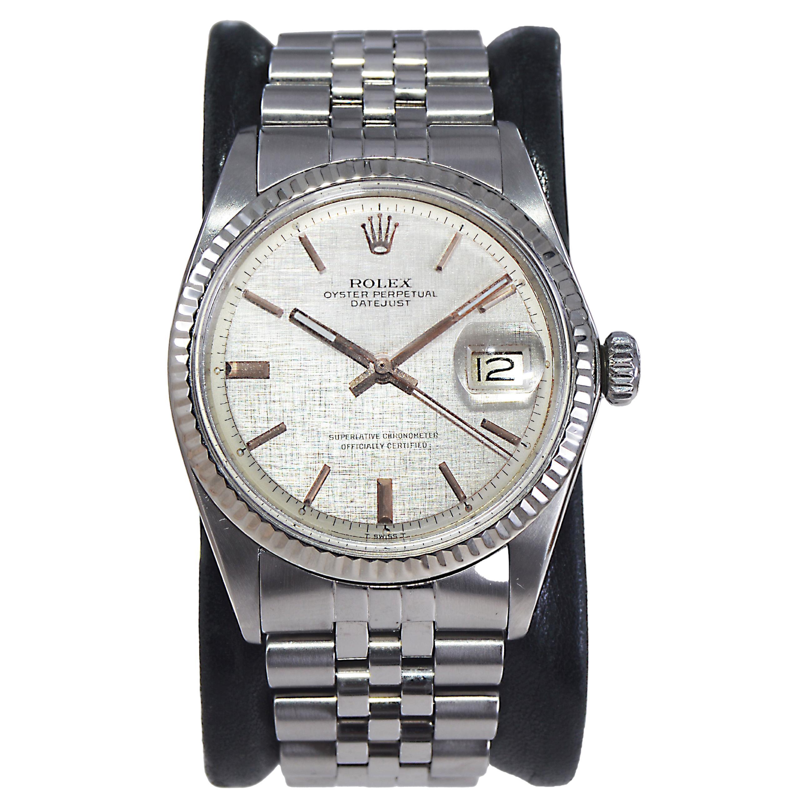 Rolex Stainless Steel Datejust with Original and Rare Linen Dial, Late 1960's For Sale