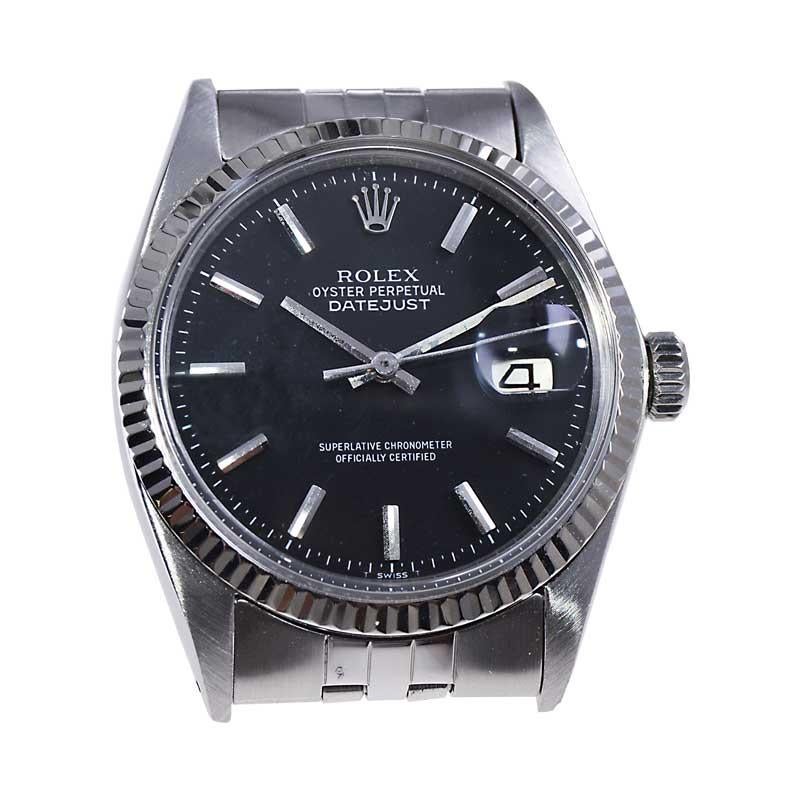 Rolex Stainless Steel Datejust with Original Black Dial from Mid 1960's In Excellent Condition For Sale In Long Beach, CA