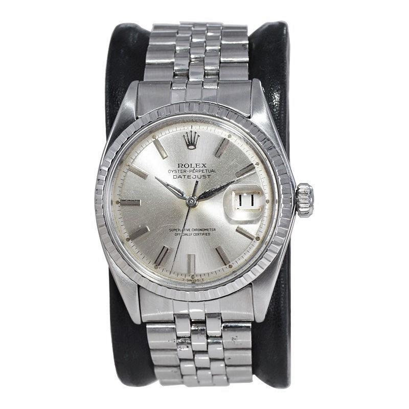 FACTORY / HOUSE: Rolex Watch Company
STYLE / REFERENCE: Datejust / Reference 1603
METAL / MATERIAL: Stainless Steel
CIRCA / YEAR: Mid 1960's
DIMENSIONS / SIZE: Length 43mm x Diameter 36mm
MOVEMENT / CALIBER: Perpetual Winding / 26 Jewels / Caliber