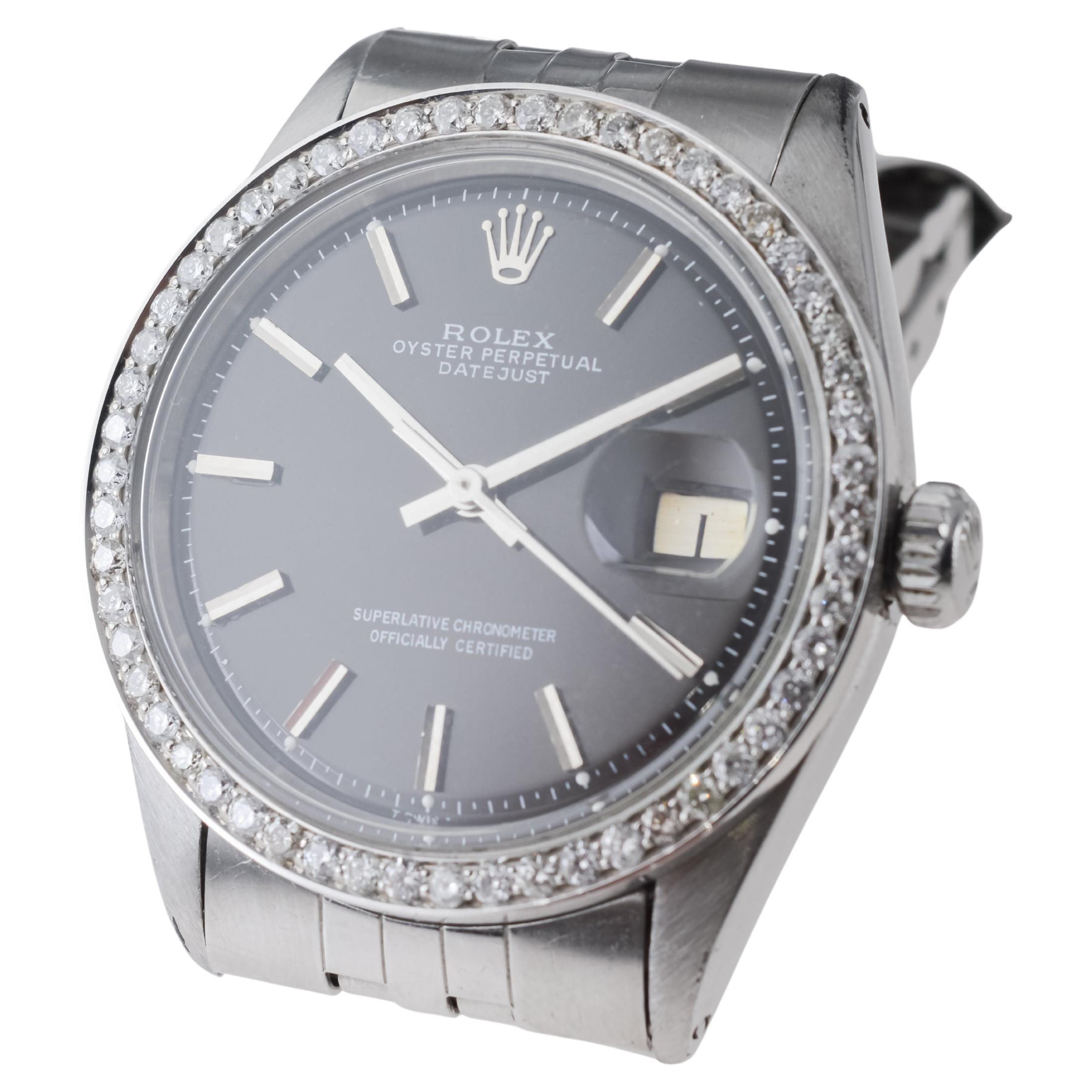 Rolex Stainless Steel Datejust with Rare Black Dial circa, 1960's For Sale 5