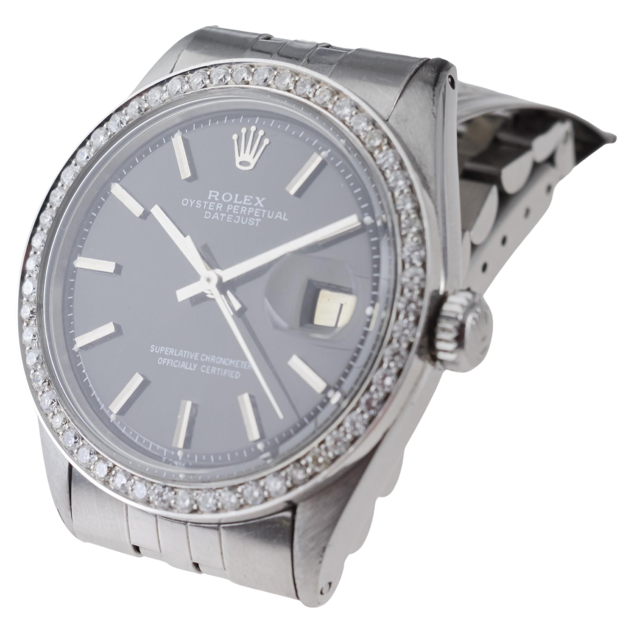 Rolex Stainless Steel Datejust with Rare Black Dial circa, 1960's For Sale 6