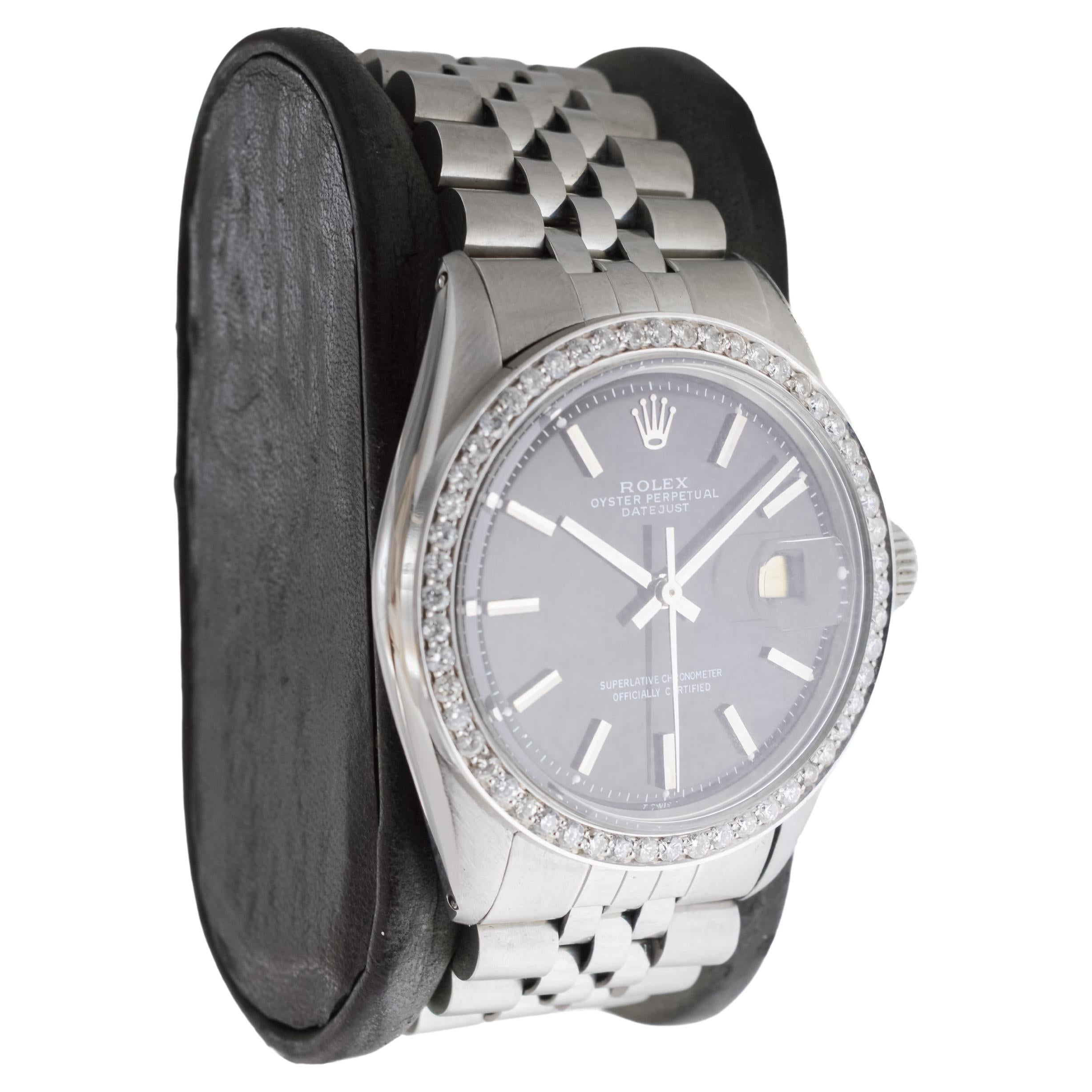 Modern Rolex Stainless Steel Datejust with Rare Black Dial circa, 1960's For Sale