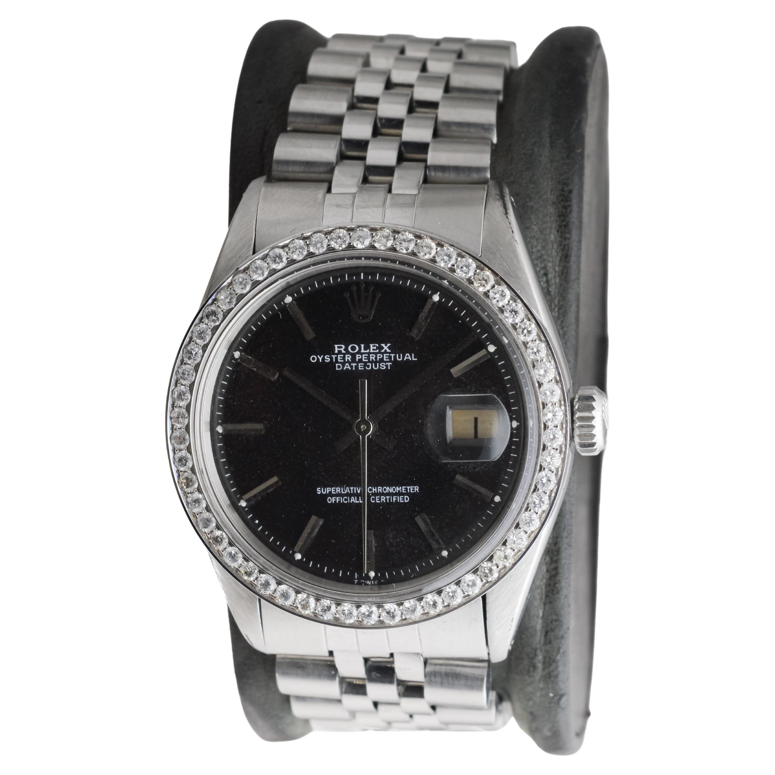 Women's or Men's Rolex Stainless Steel Datejust with Rare Black Dial circa, 1960's For Sale