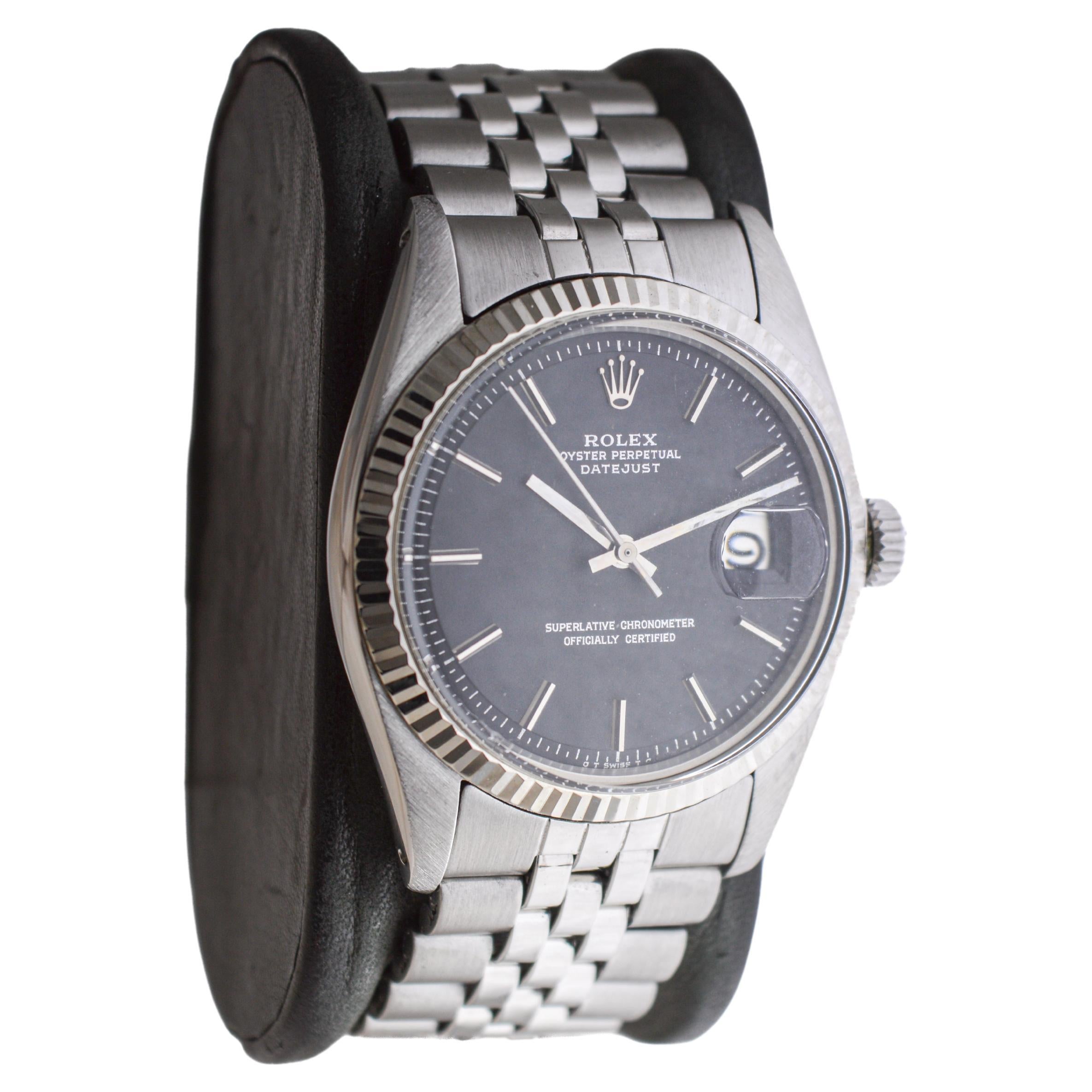 Modern Rolex Stainless Steel Datejust with Rare Black Dial circa, 1970's