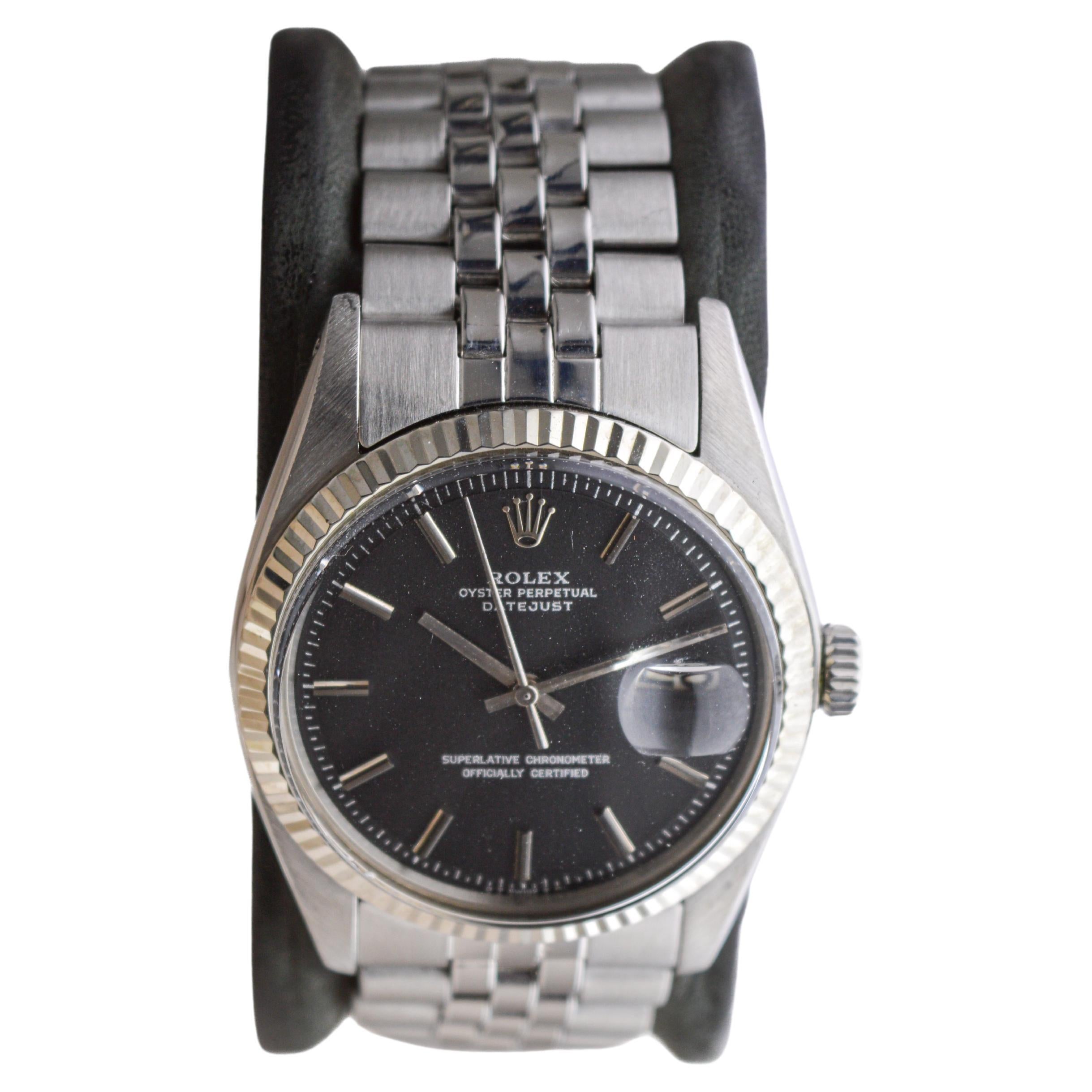 Rolex Stainless Steel Datejust with Rare Black Dial circa, 1970's In Excellent Condition In Long Beach, CA