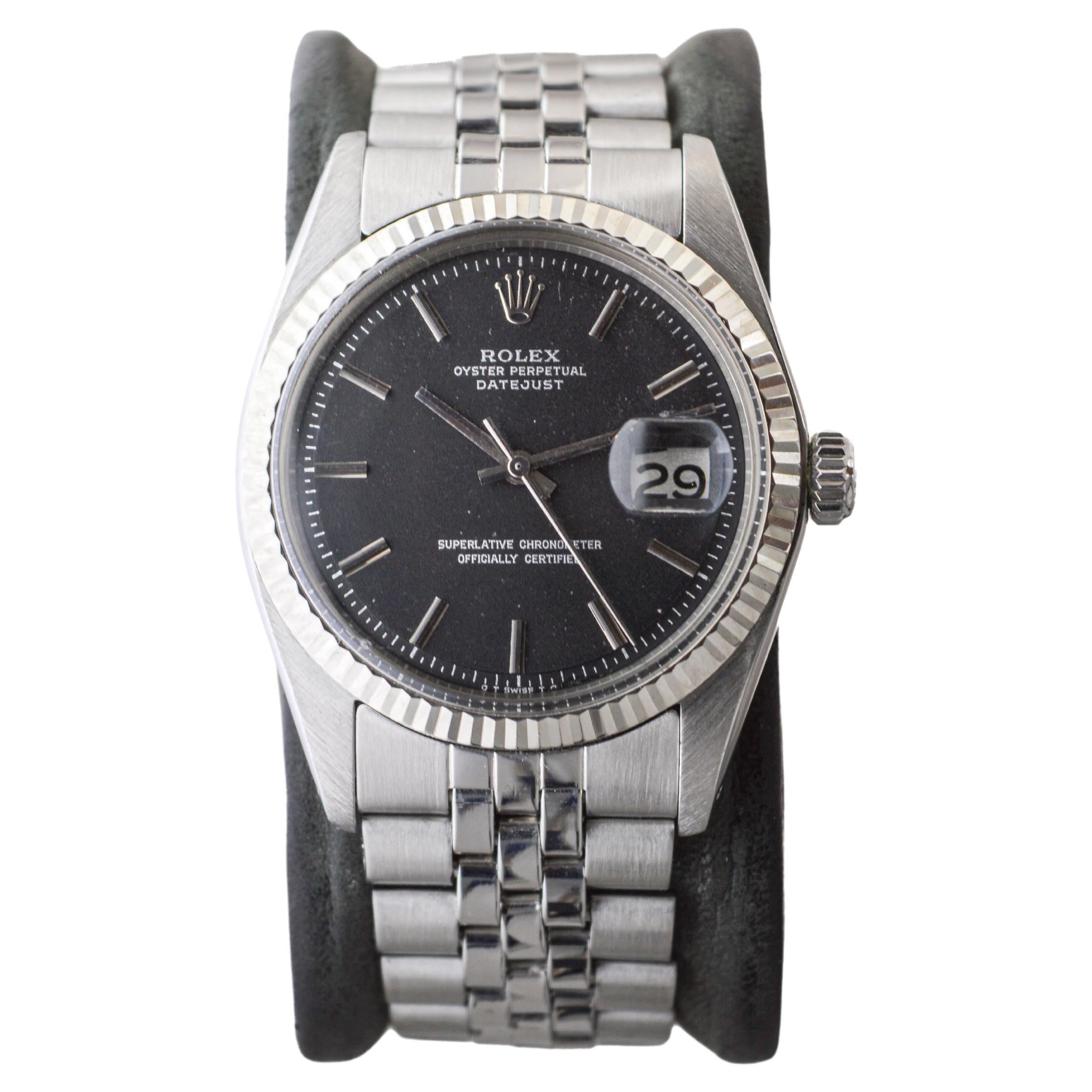 Women's or Men's Rolex Stainless Steel Datejust with Rare Black Dial circa, 1970's